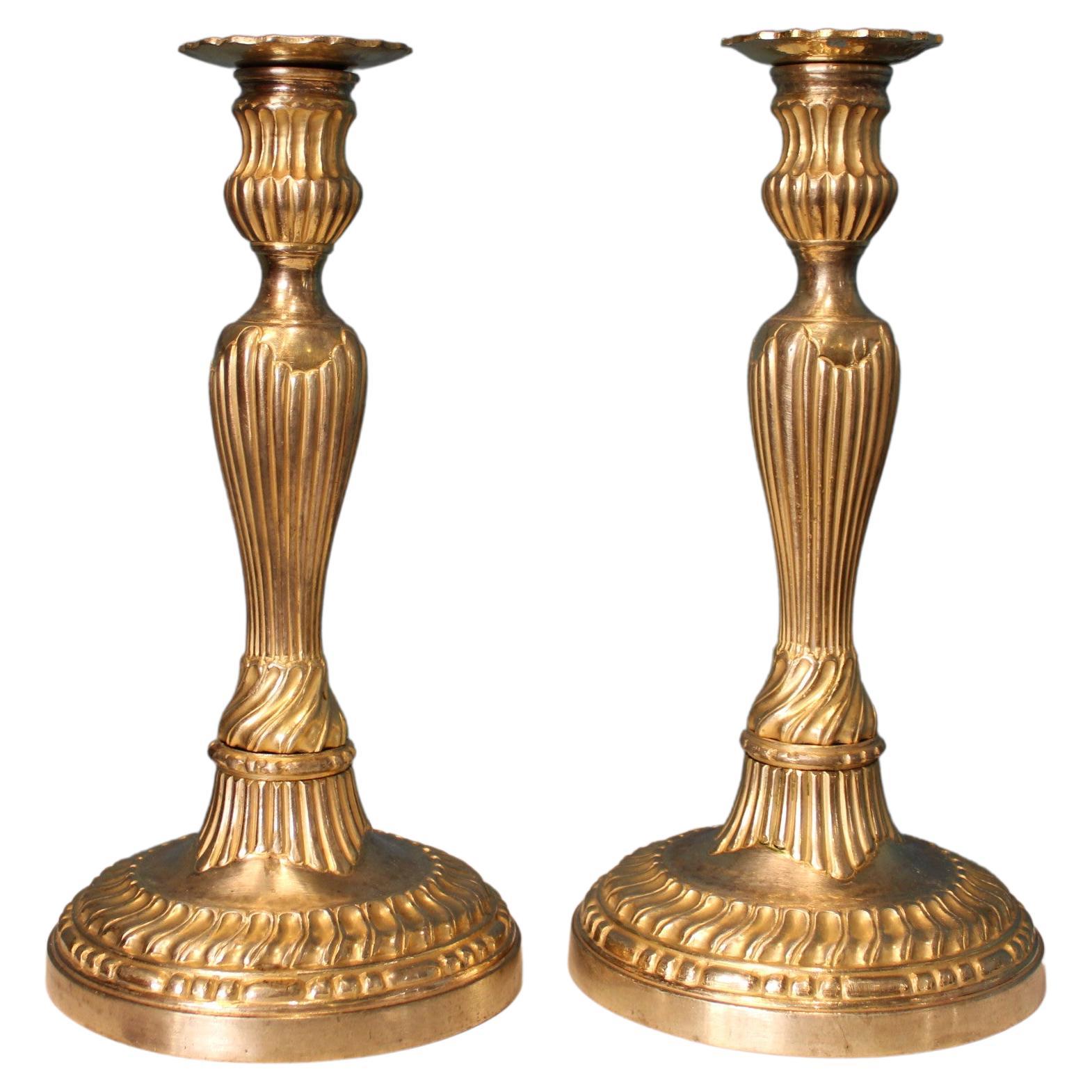 19th Century Black Glass Candlesticks with Gold Floral Decoration at