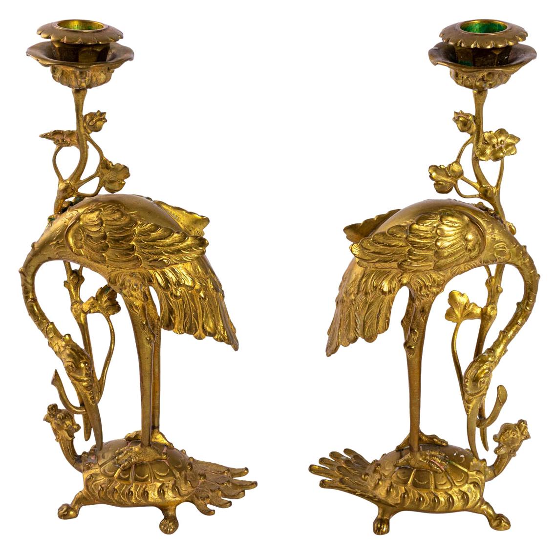 Bronze Candlesticks Oriental Design
