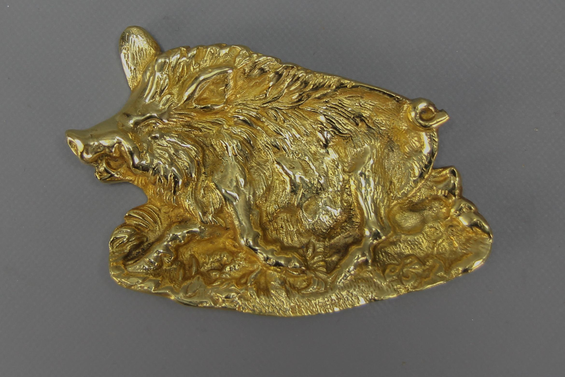 French Bronze Card Tray or Pin Tray, Vide-Poche in a Shape of a Wild Boar
This adorable card tray or pin tray, Vide - Poche, is made of bronze in the shape of a running wild boar. France, circa the 1930s. 
Signed at the bottom but illegible.
Can be
