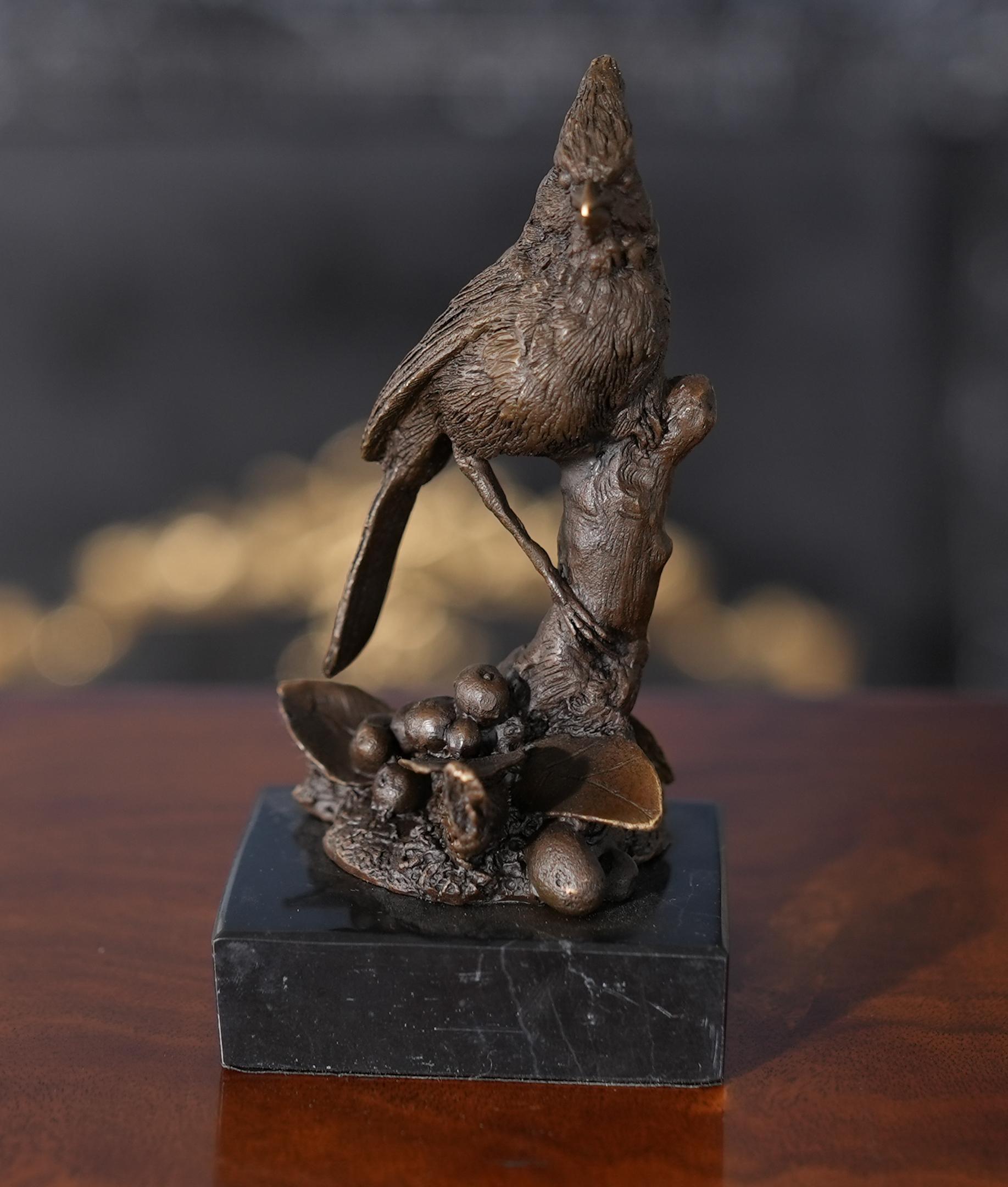 Graceful even when standing still the Bronze Cardinal on Marble Base is a striking addition to any setting. Using traditional lost wax casting methods the Bronze Cardinal statue has hand chaised details added to give it a high level of detail to the