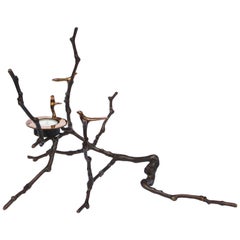 Bronze Cast Magnolia Twig T-Light Holder with Light Patina, Tall