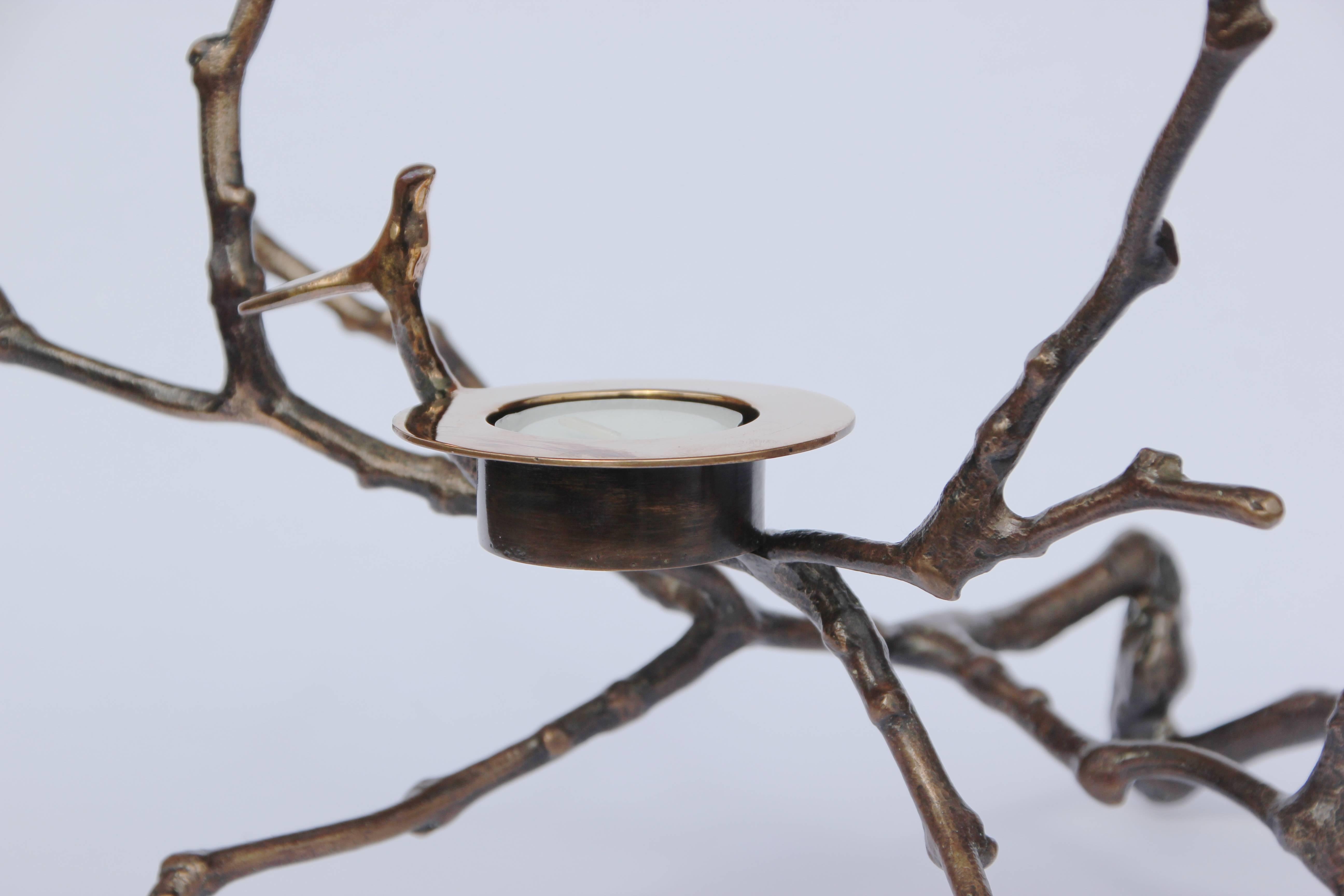 Modern Bronze Cast Magnolia Twig Tea Light Holder with Light Patina, Tall For Sale
