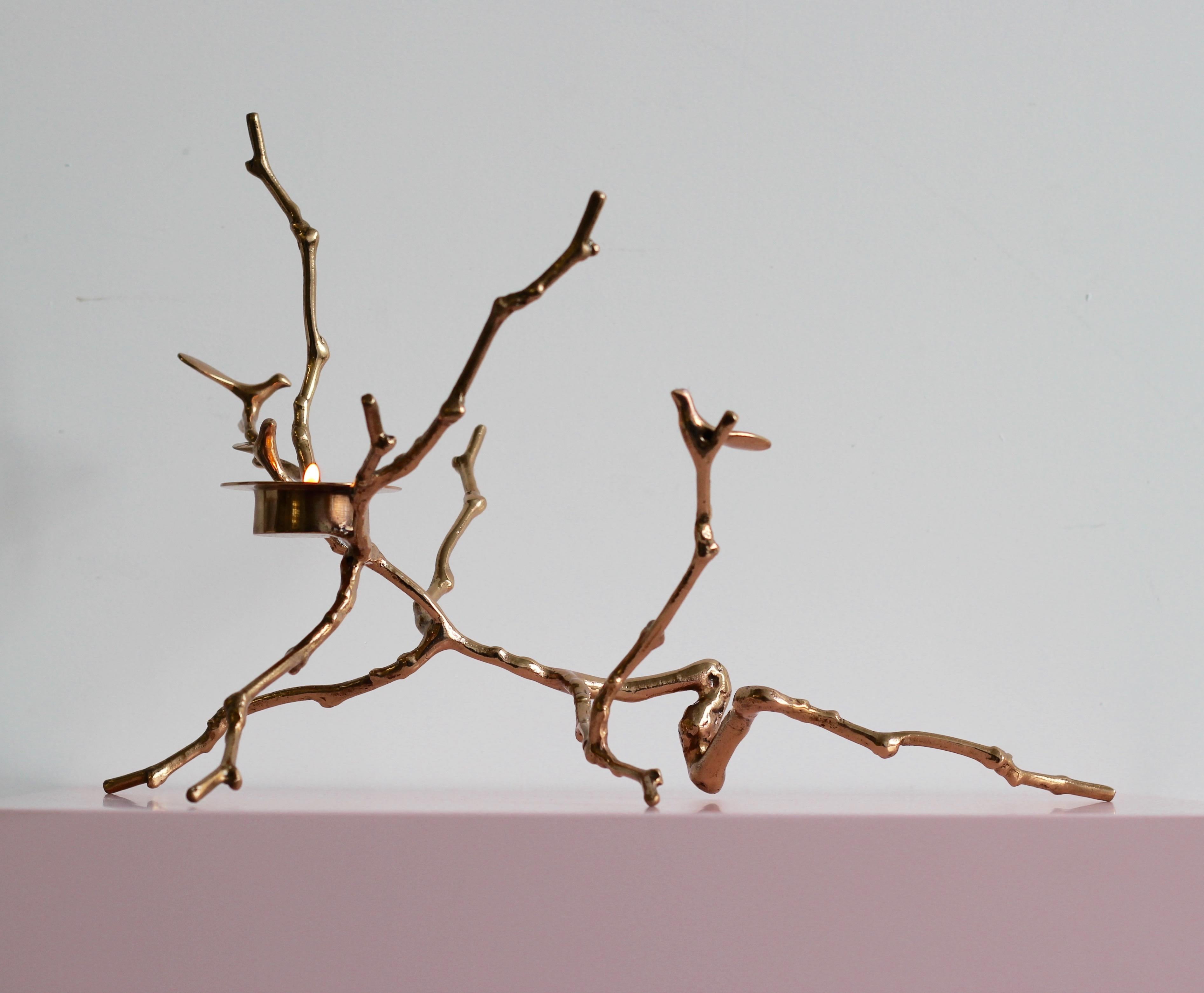 Modern Bronze Cast Magnolia Twig Tealight Holder Polished, Tall