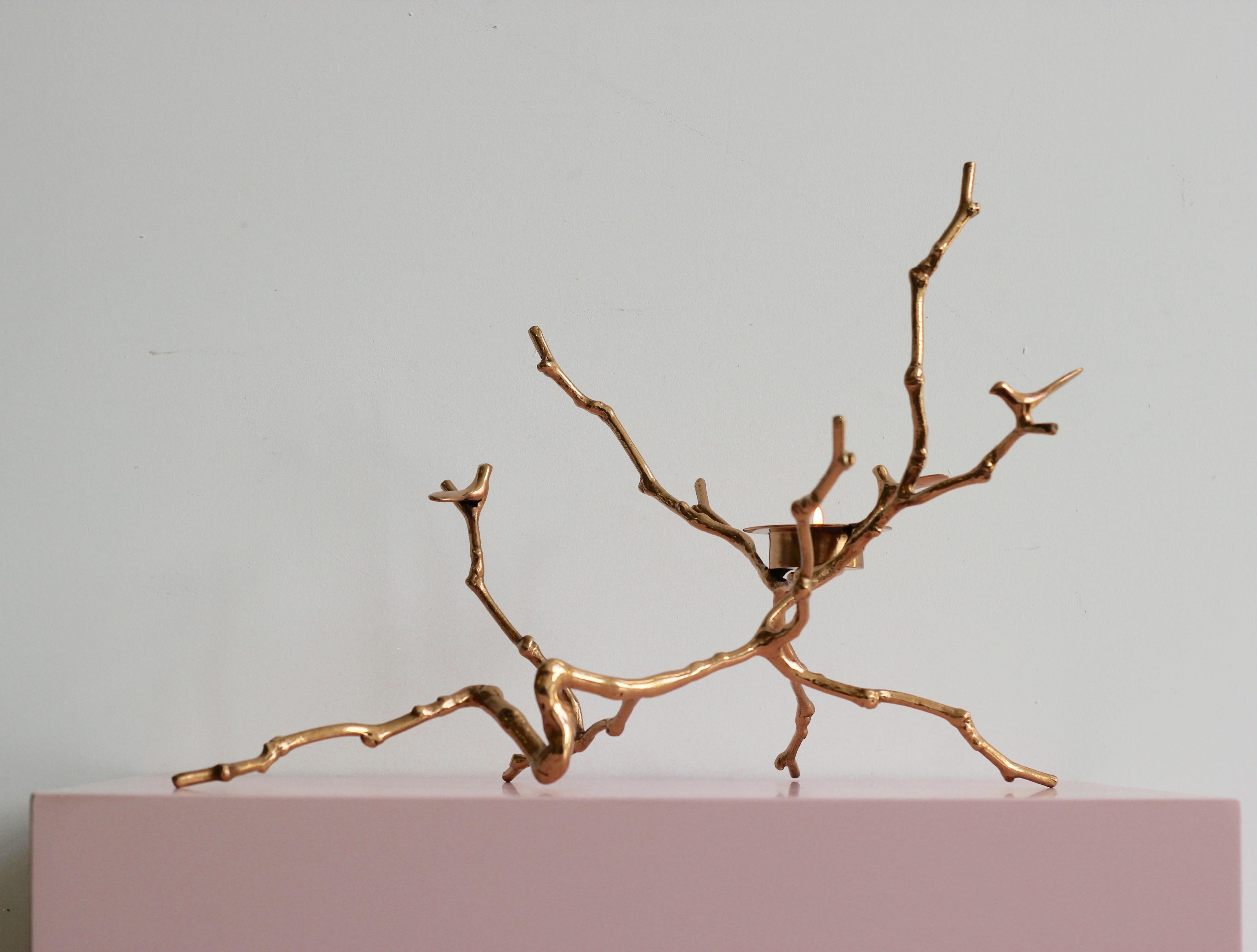 Indian Bronze Cast Magnolia Twig Tealight Holder Polished, Tall