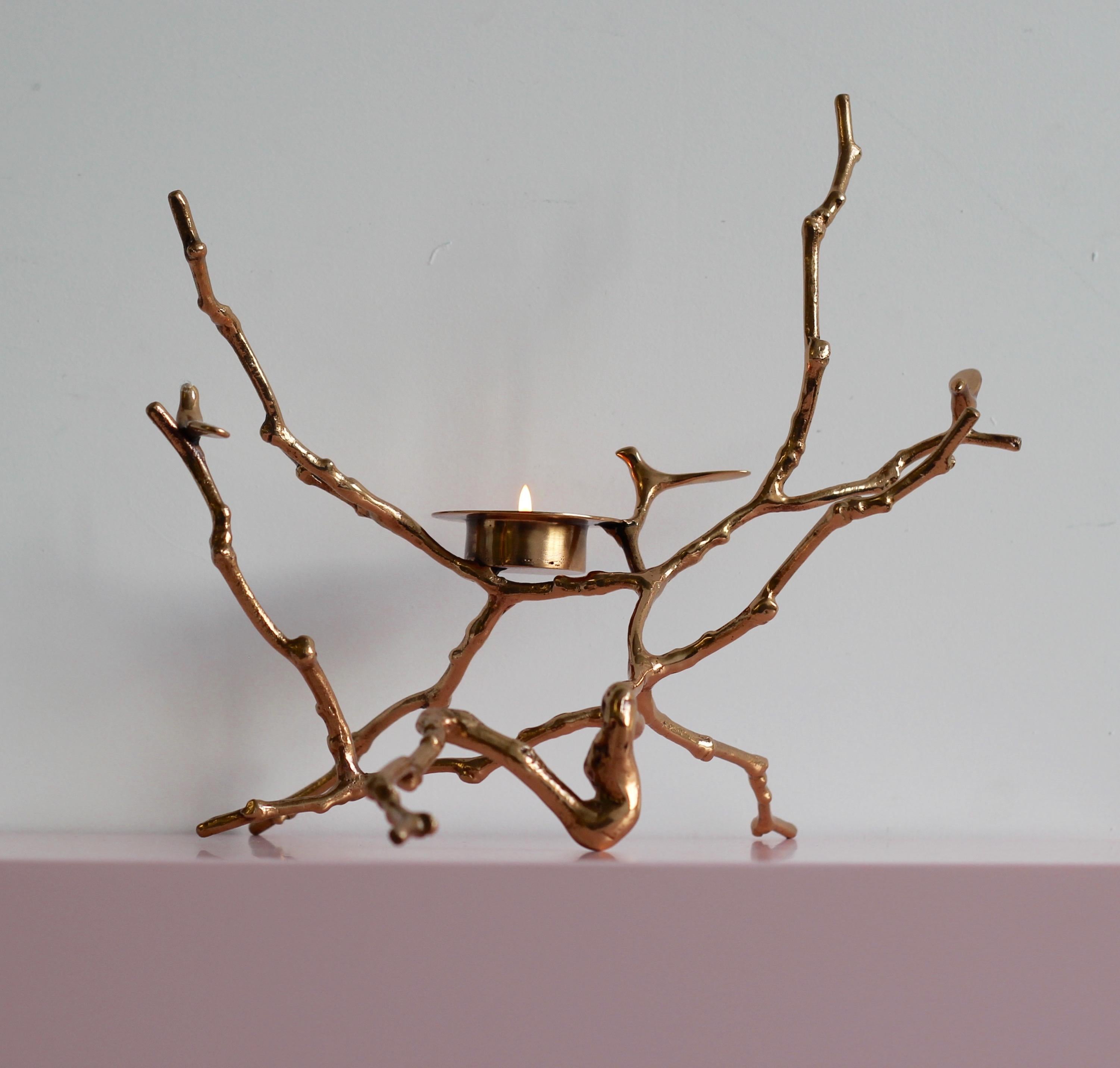 Bronze Cast Magnolia Twig Tealight Holder Polished, Tall In New Condition In London, GB