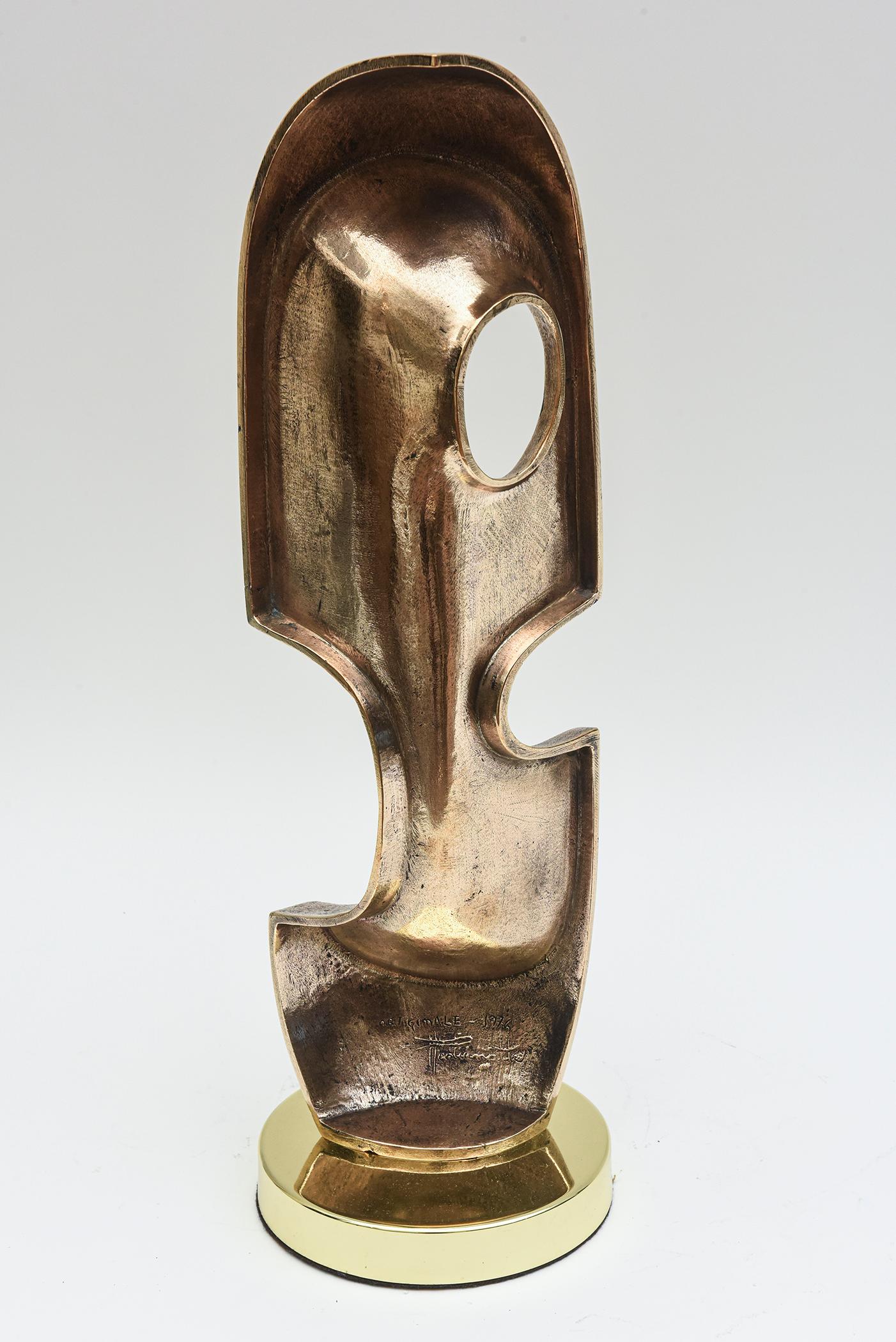 Cast Vintage Bronze Modernist Sculpture Brancusi Style on Round Brass Base  For Sale