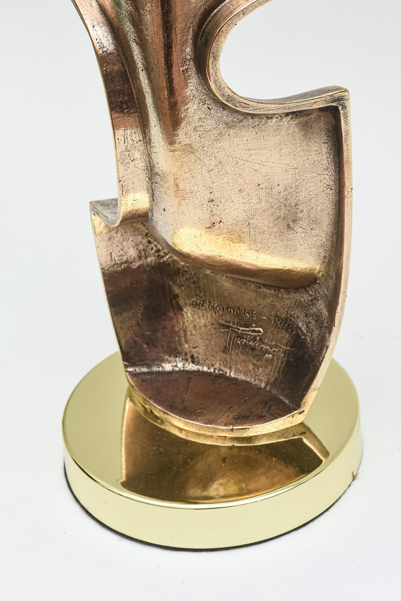 Vintage Bronze Modernist Sculpture Brancusi Style on Round Brass Base  For Sale 1