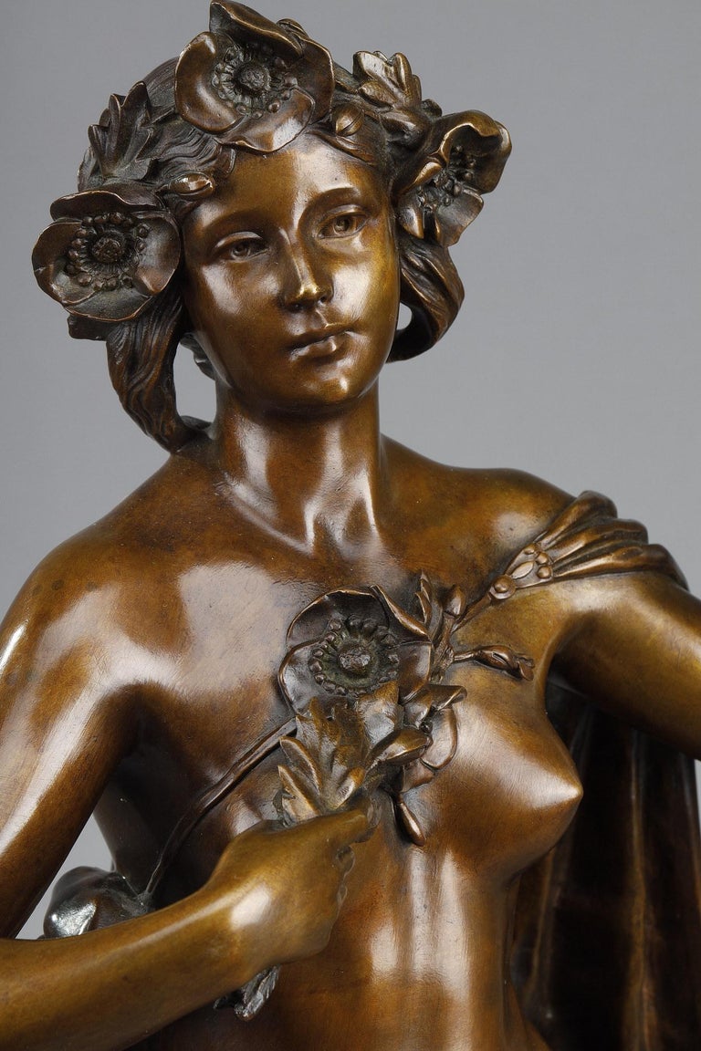Bronze Cast "Nymph with poppies" Signed Gustave Obiols For Sale at 1stDibs