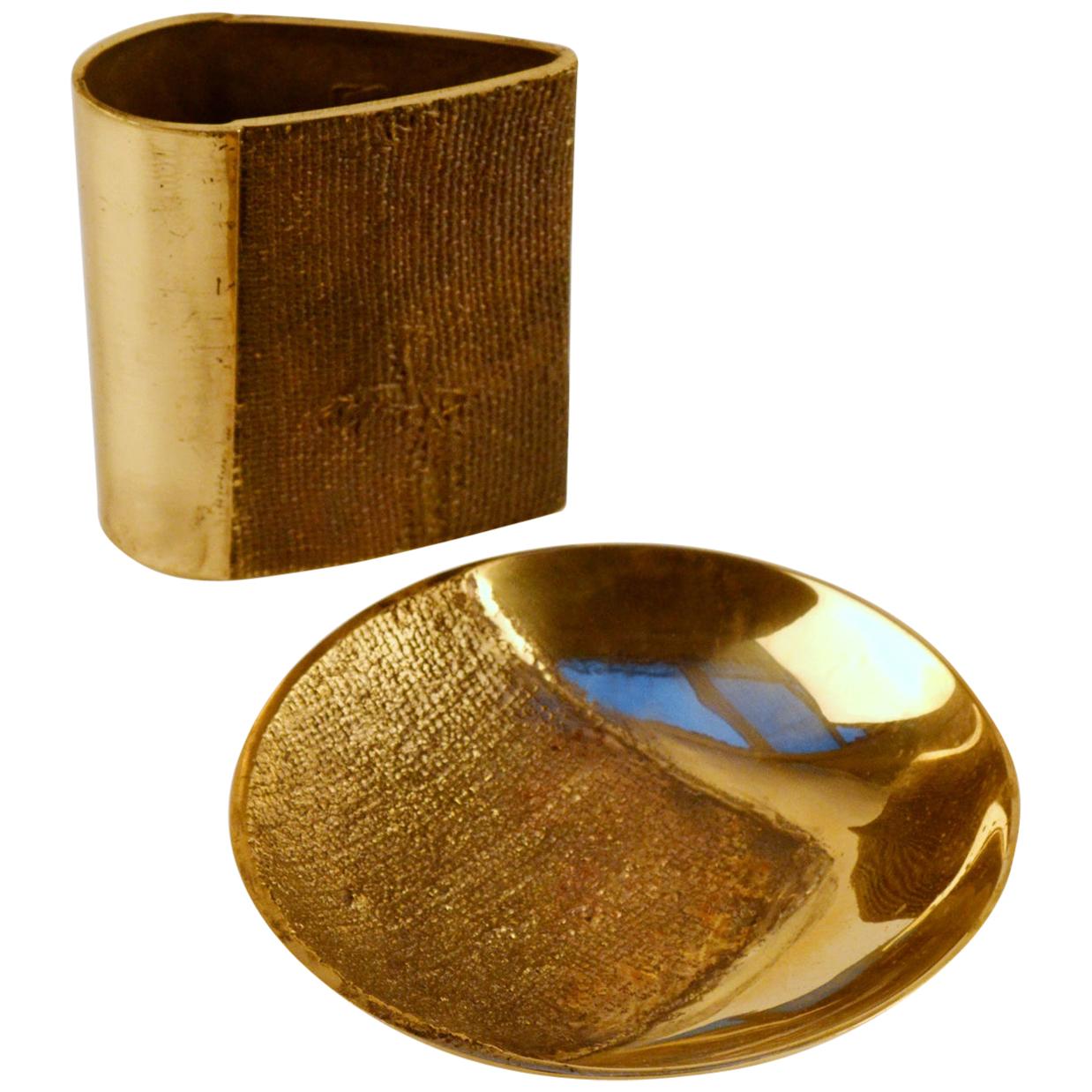 Bronze Cast Vase and Bowl by Saviato with Brutalist Finish