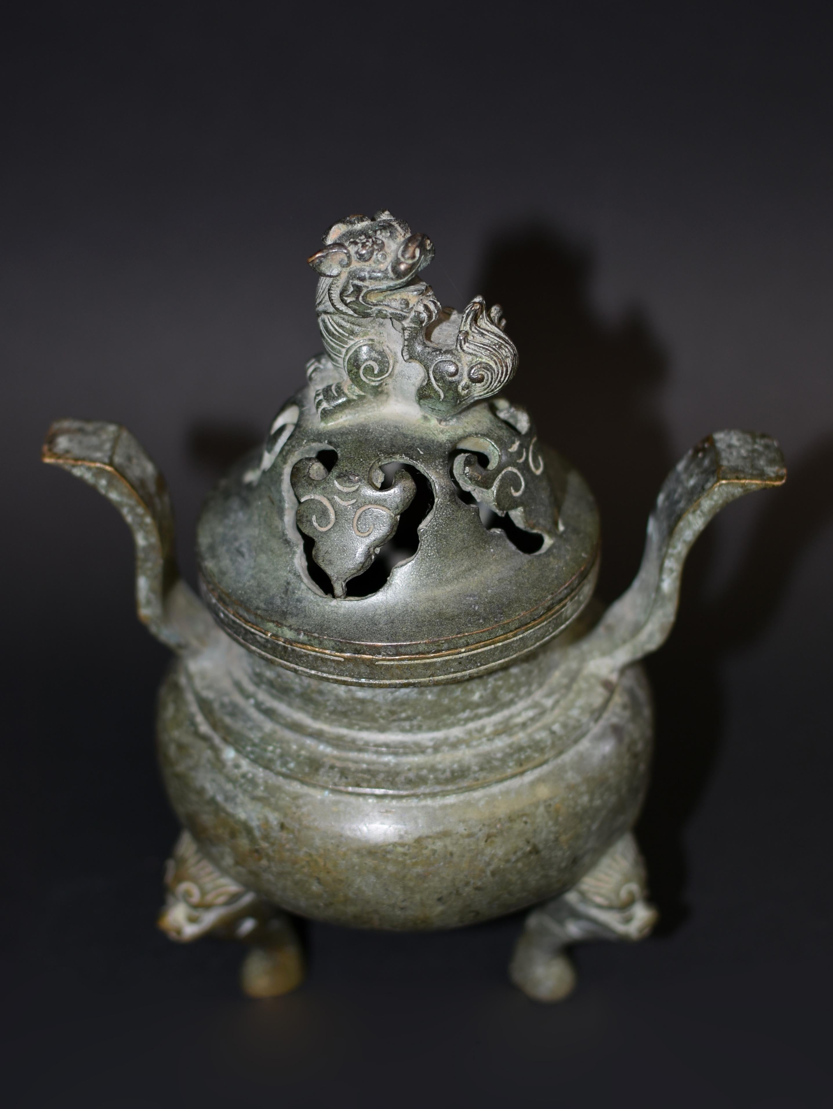 Hand-Crafted Bronze Censer with Foo Dog 