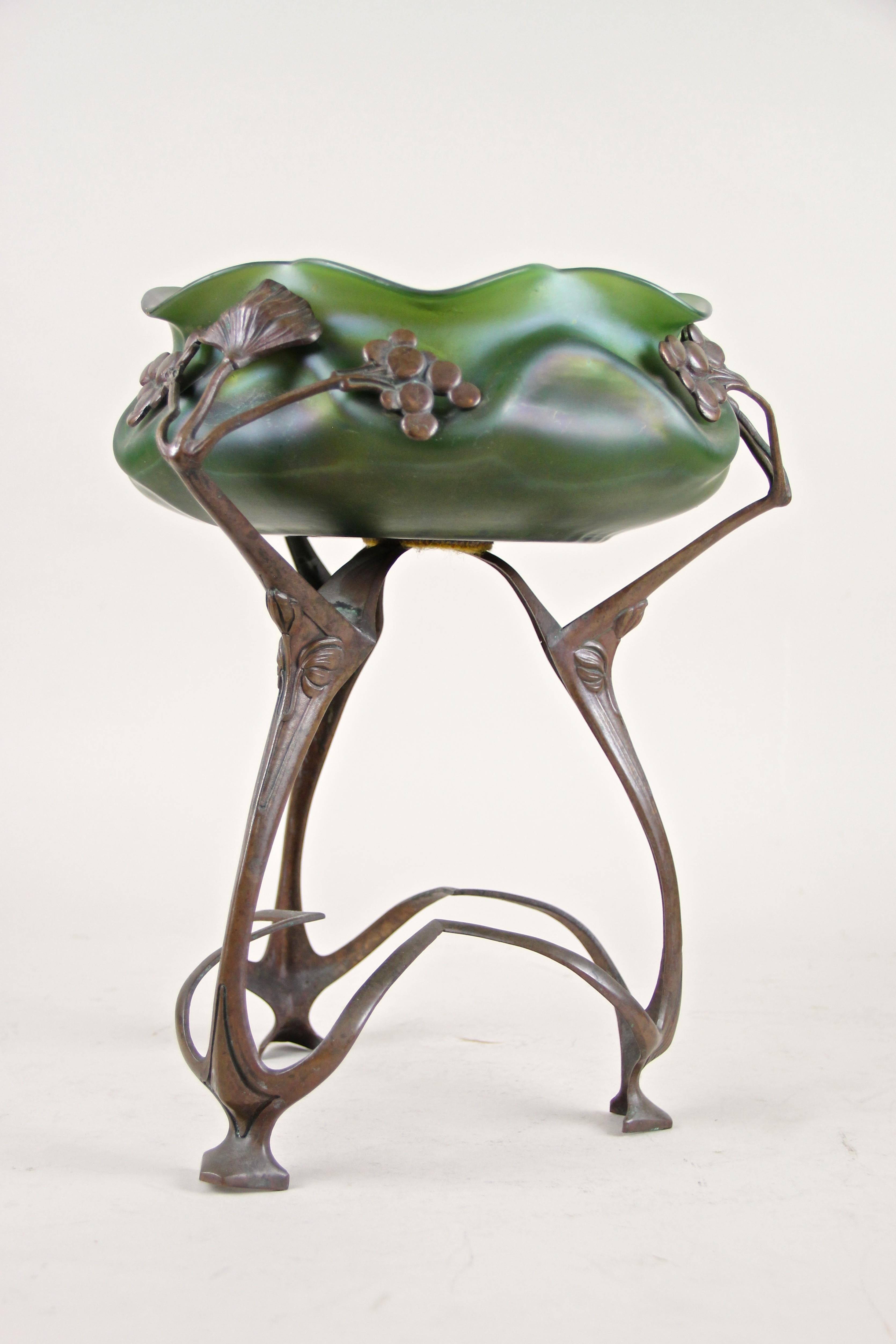 Art Nouveau Bronze Centerpiece with Iriscident Glass Bowl by J. Rindskopf, CZ, circa 1905