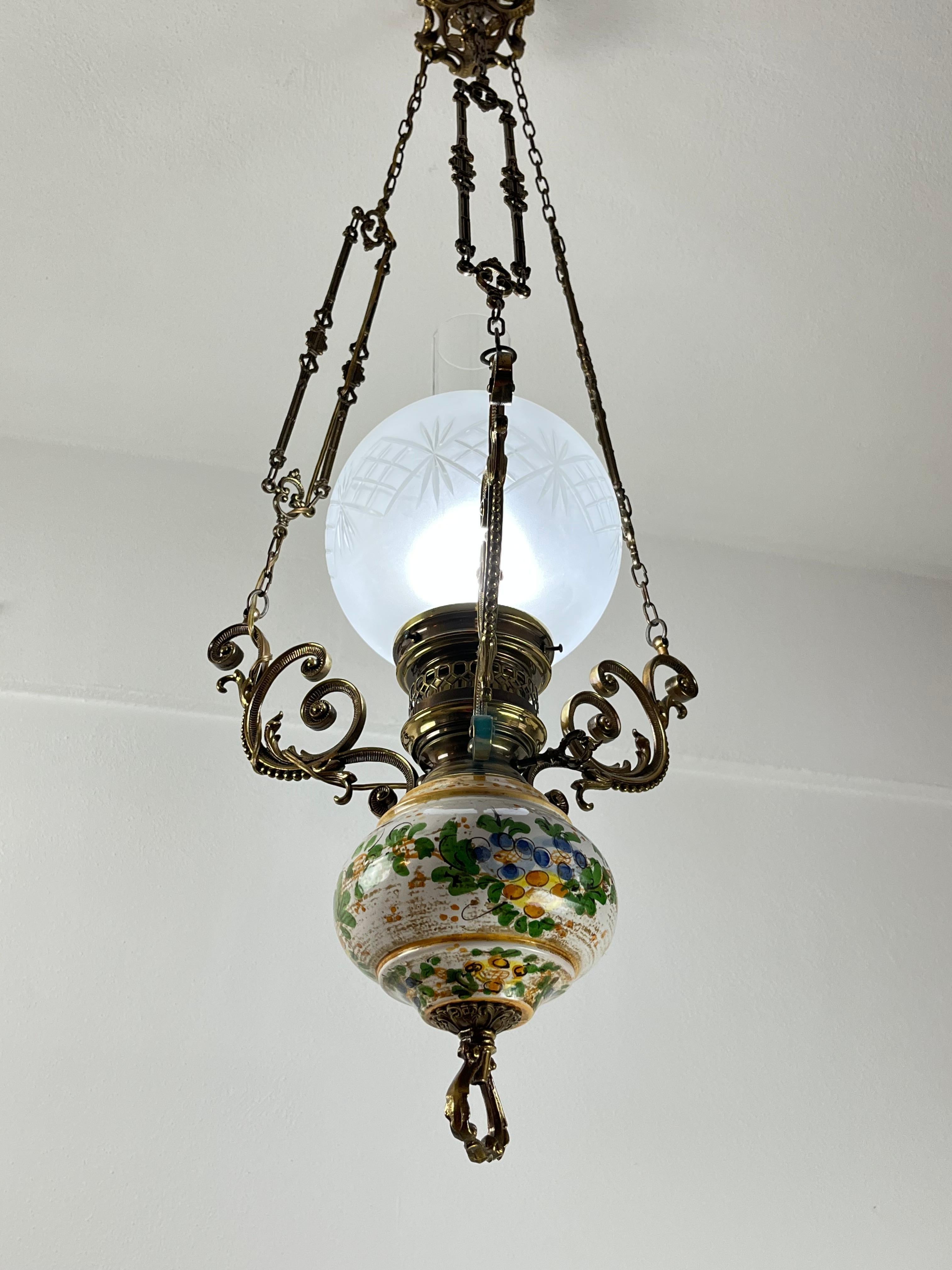 Italian Bronze, Ceramic and Glass Chandelier, Italy, 1950s For Sale