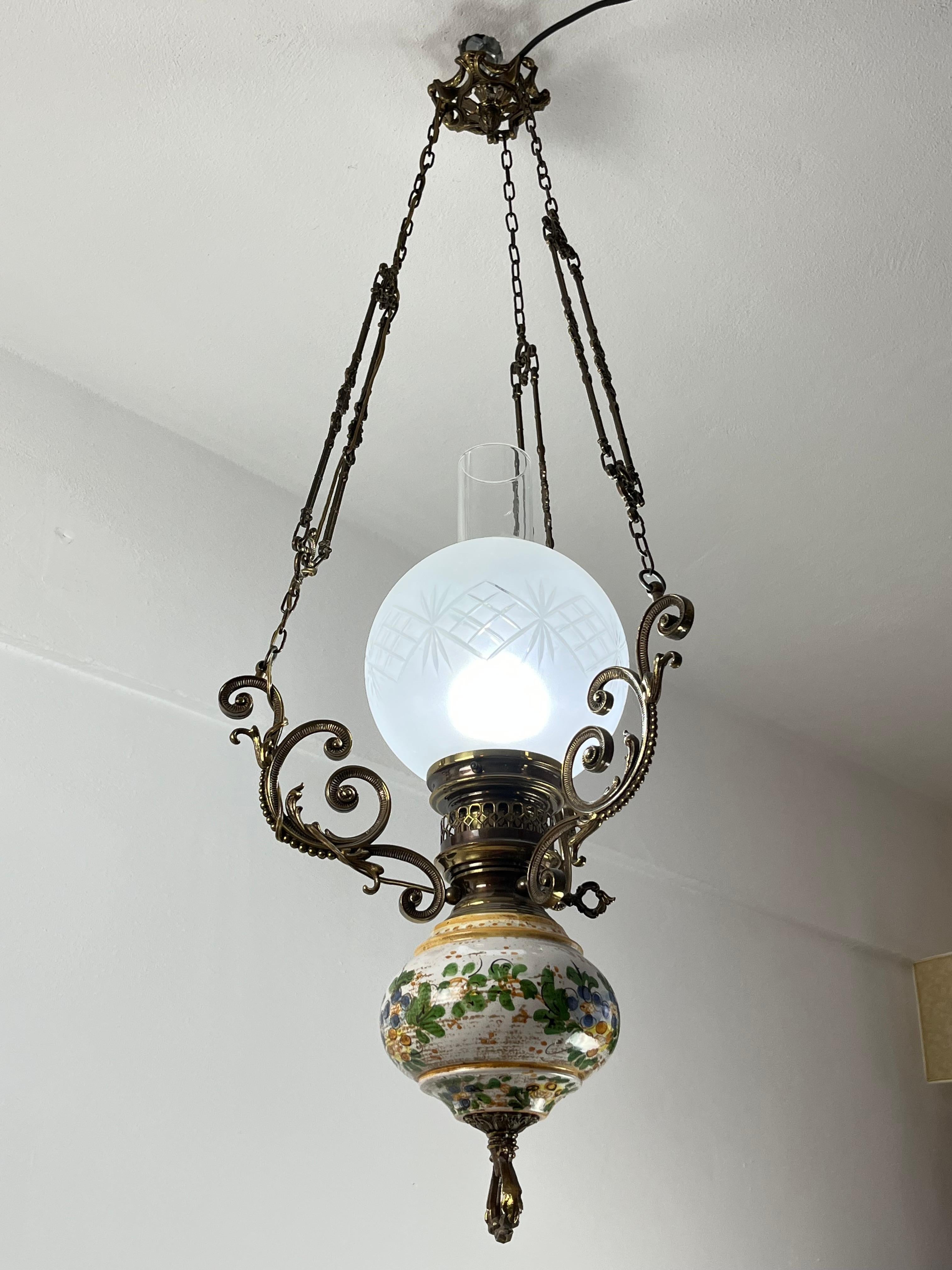 Other Bronze, Ceramic and Glass Chandelier, Italy, 1950s For Sale