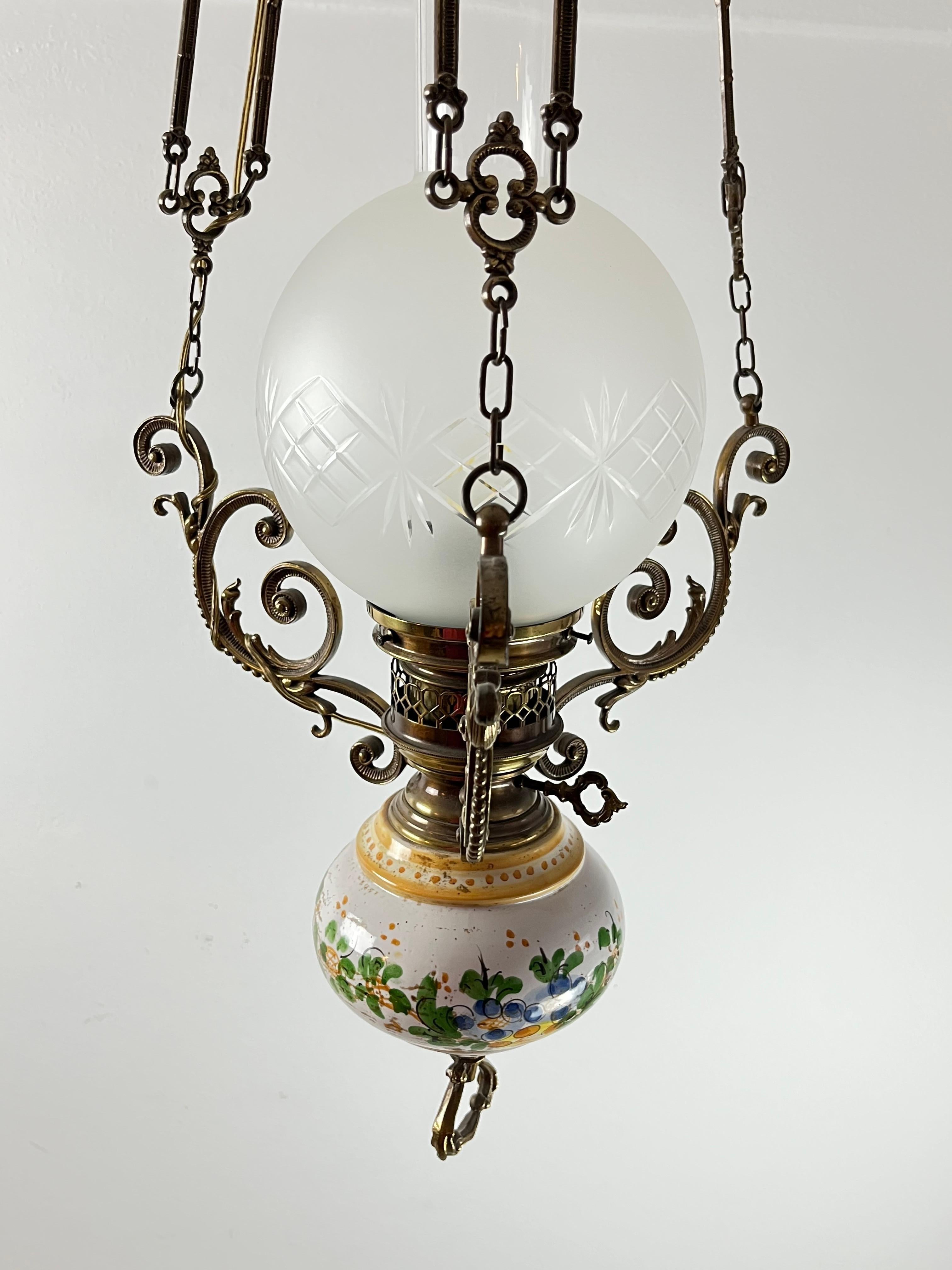 Bronze, Ceramic and Glass Chandelier, Italy, 1950s In Good Condition For Sale In Palermo, IT