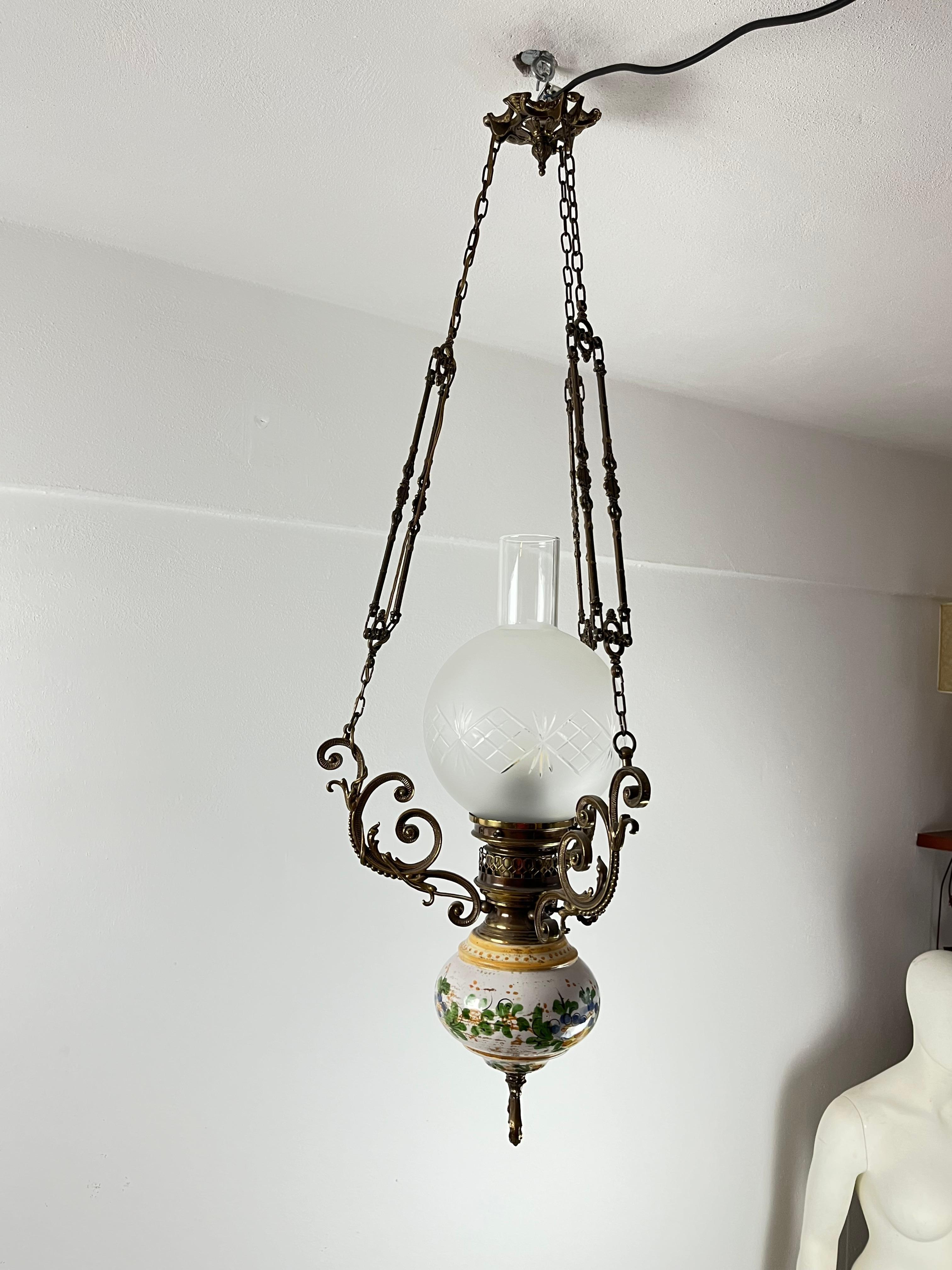 Mid-20th Century Bronze, Ceramic and Glass Chandelier, Italy, 1950s For Sale