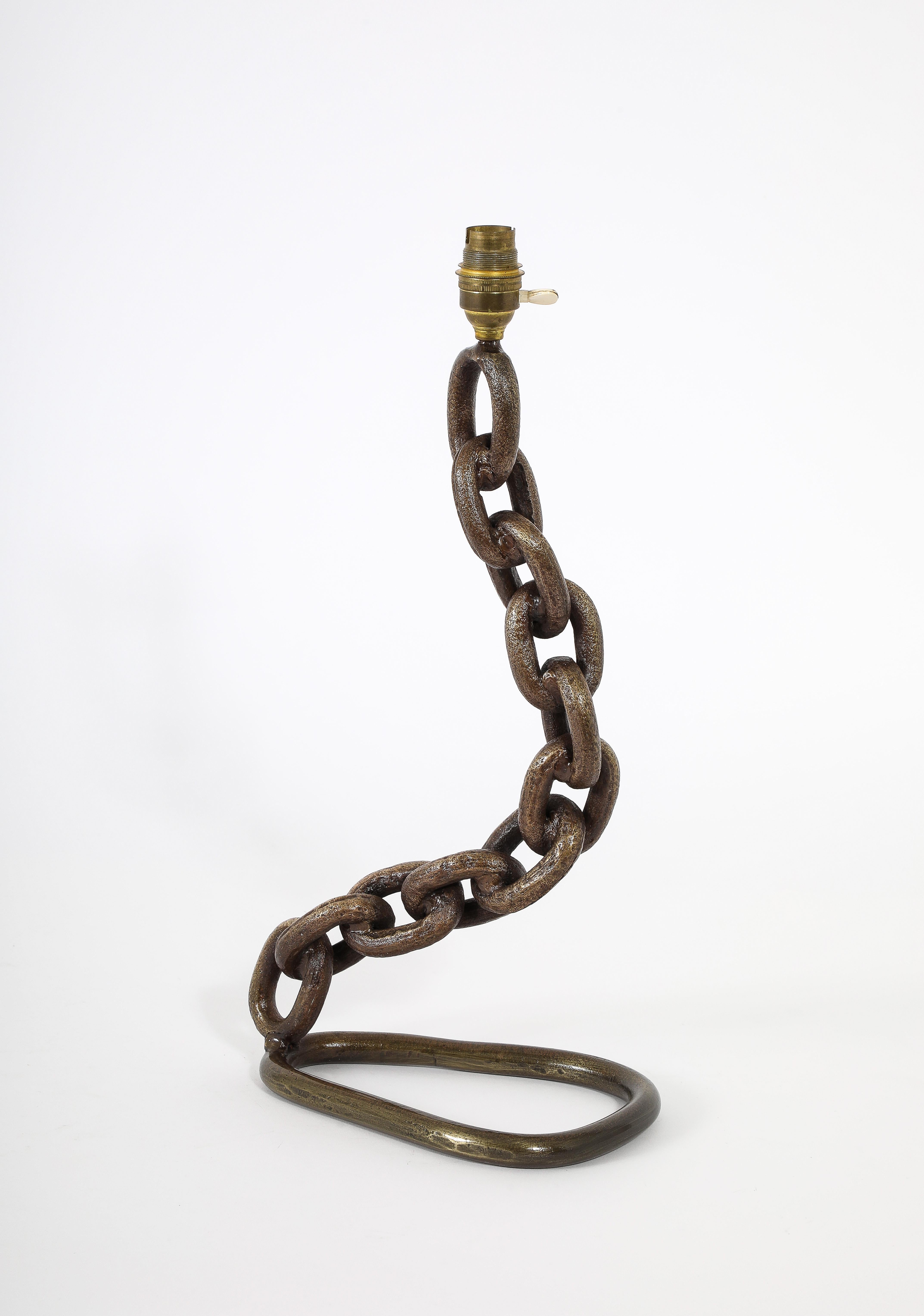 Brutalist Bronze Chain Link Table Lamp, France 1950's For Sale