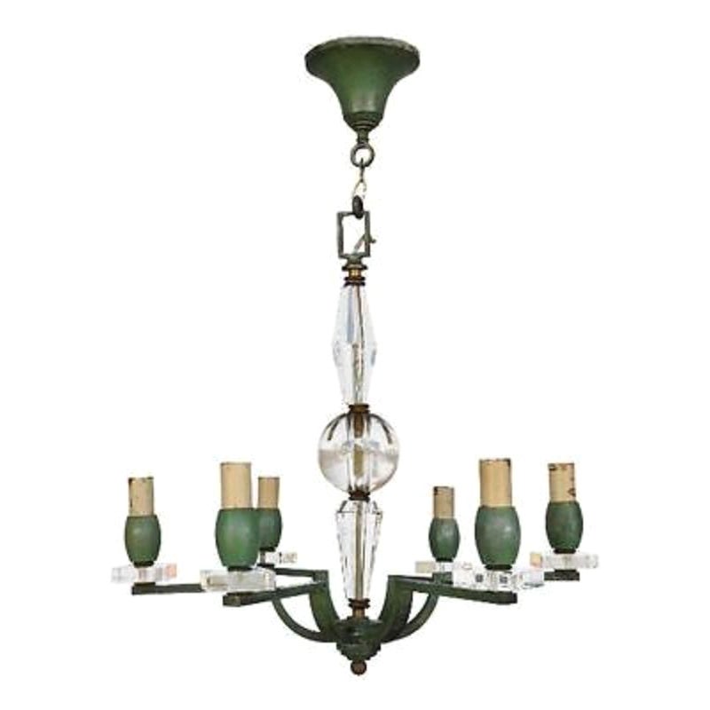 Lampadario in bronzo a 6 luci stile Adnet laccato verde, 1940