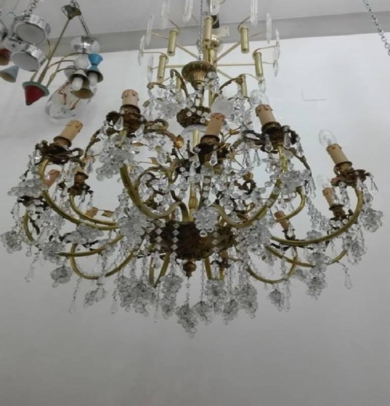 Mid-20th Century Bronze Chandelier and Crystals