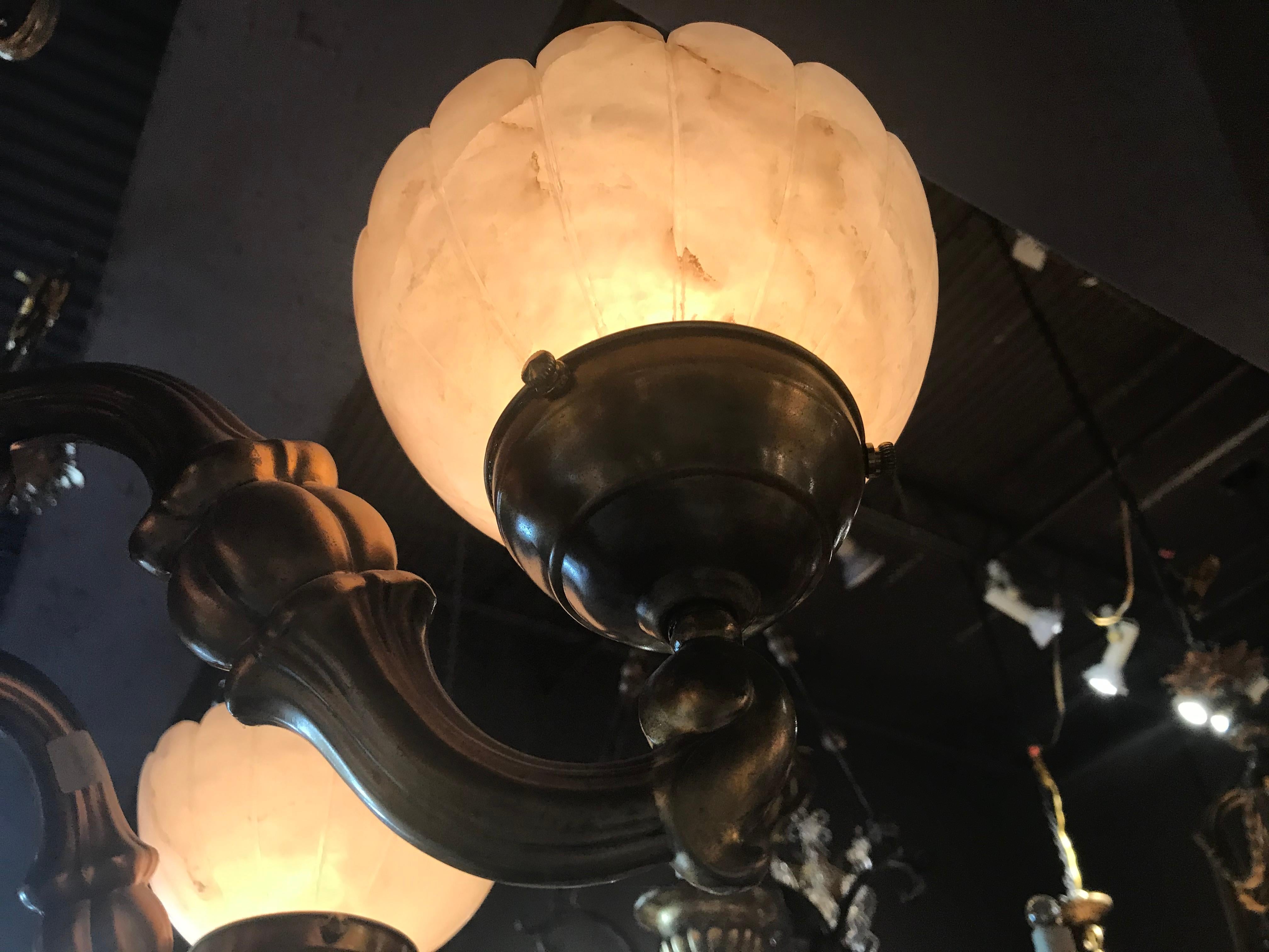 French Bronze Chandelier with Alabaster Shades For Sale