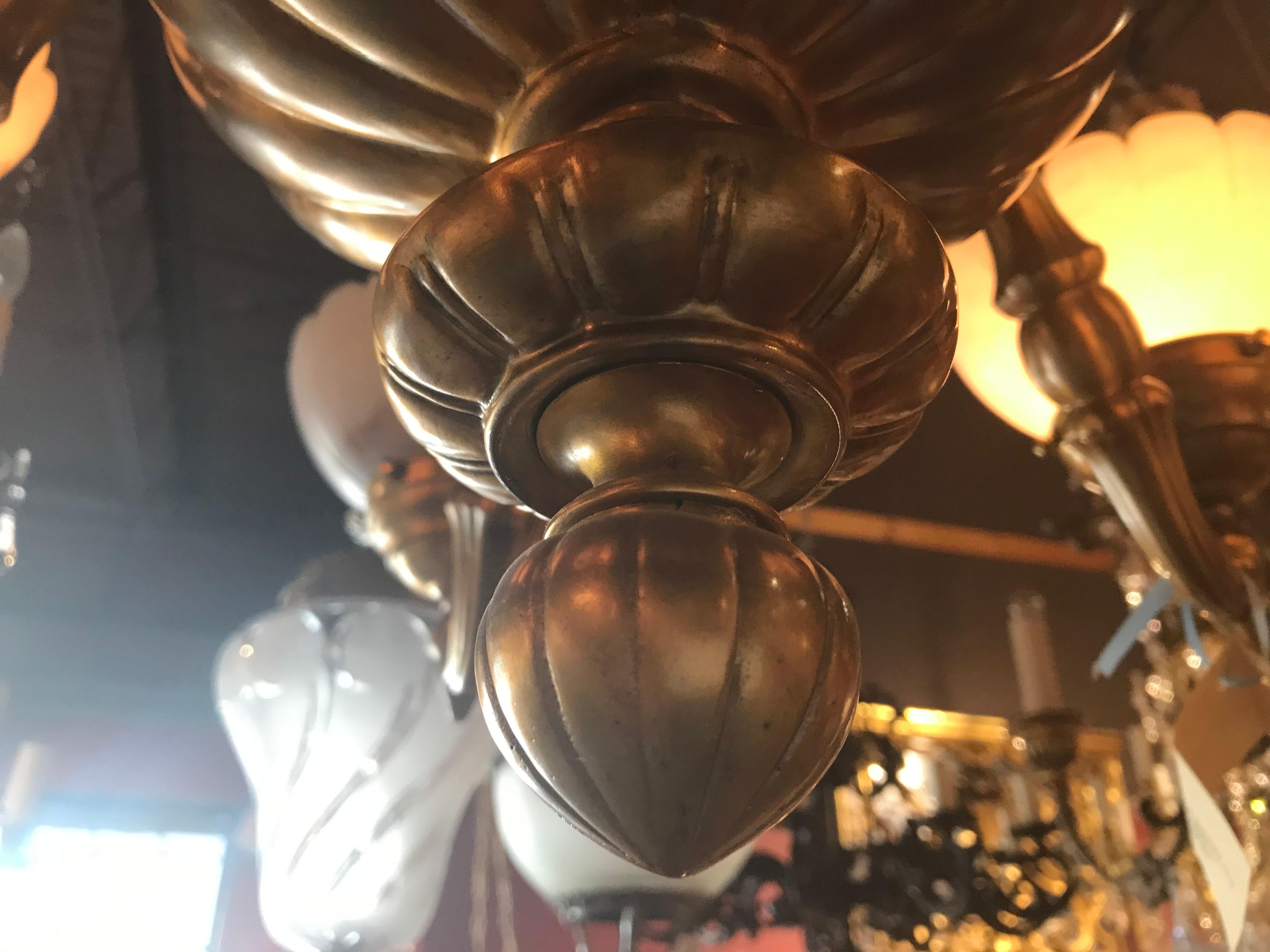 Mid-20th Century Bronze Chandelier with Alabaster Shades For Sale