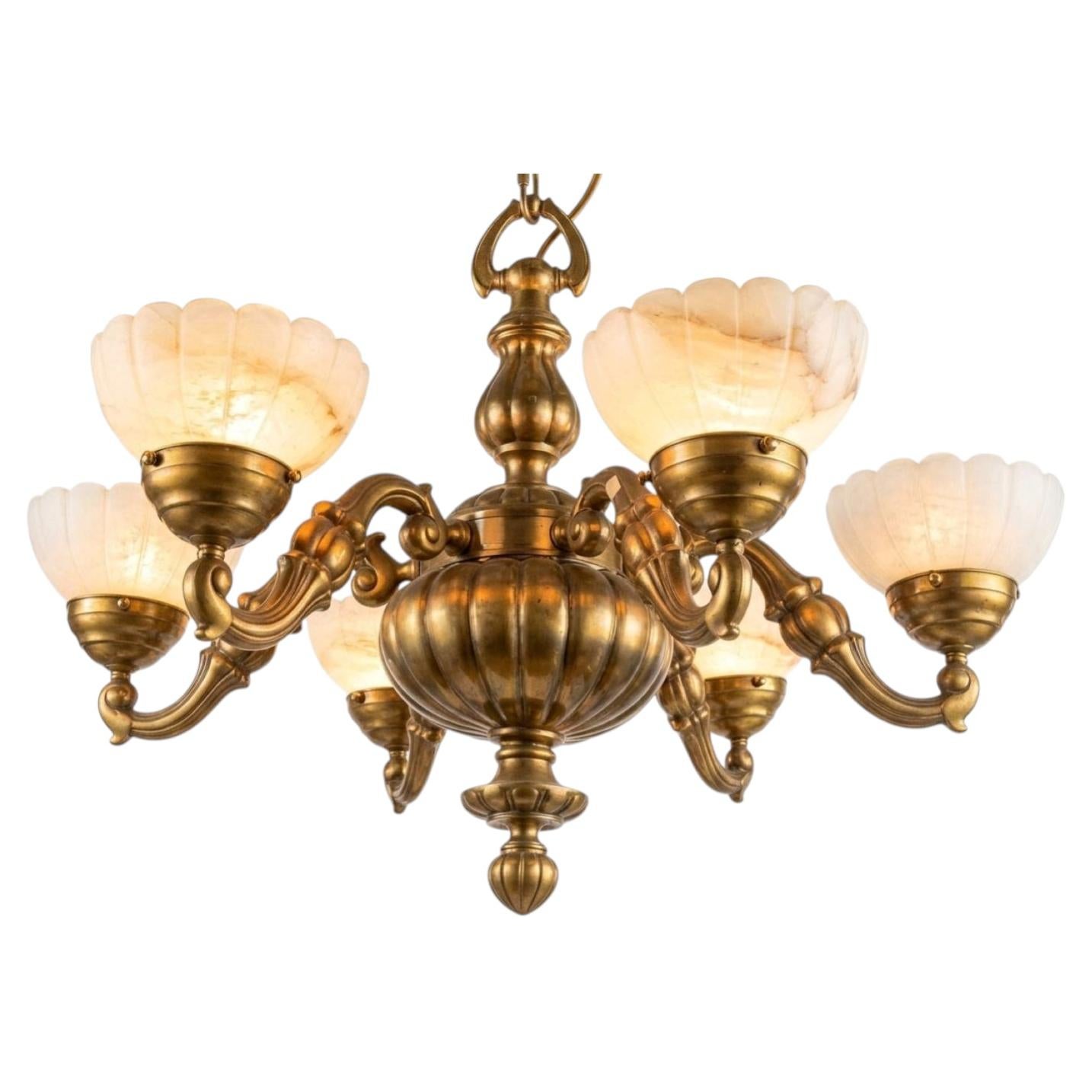 Bronze Chandelier with Alabaster Shades