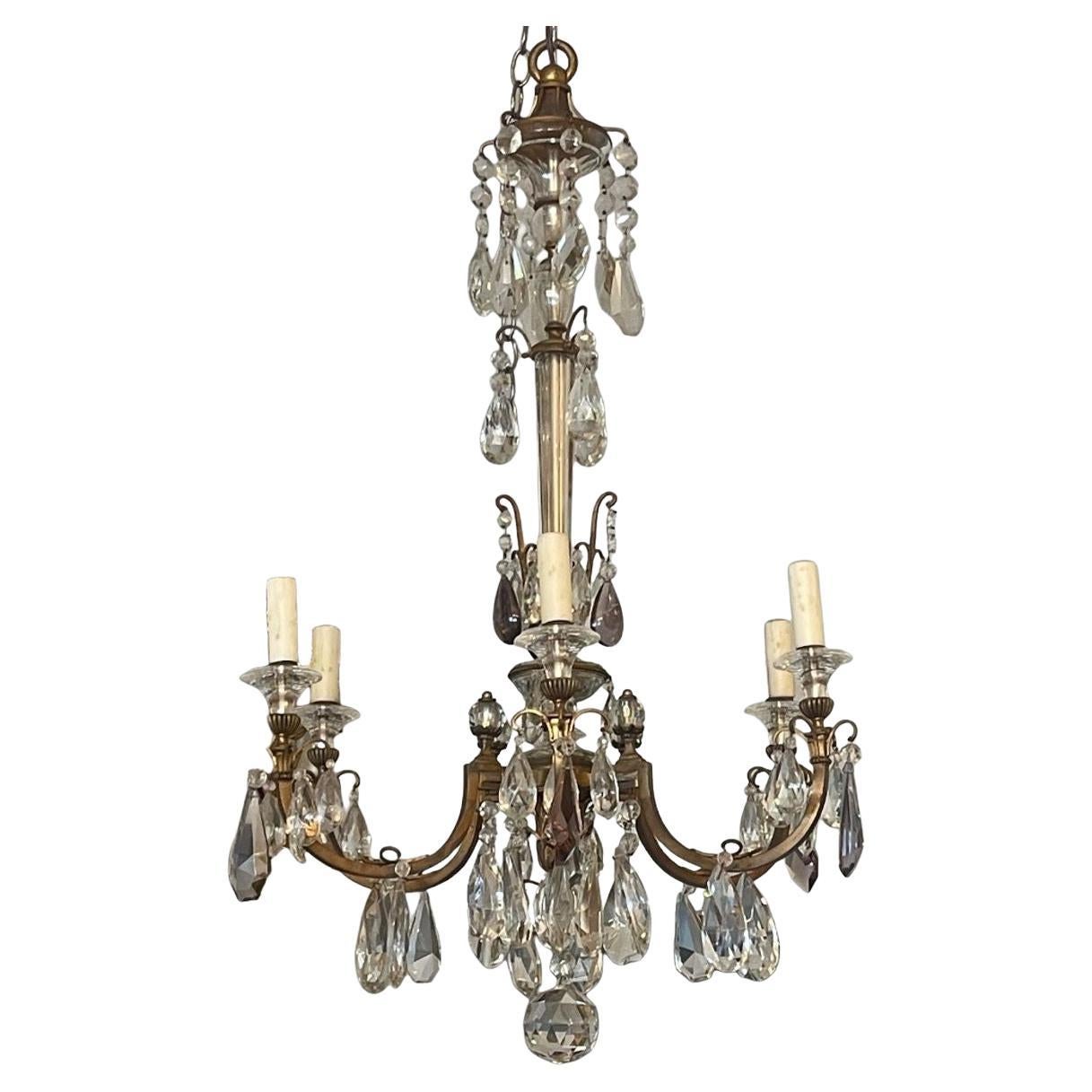 Bronze Chandelier with Clear 
Amethyst Cut Crystal. France, 1920
s.