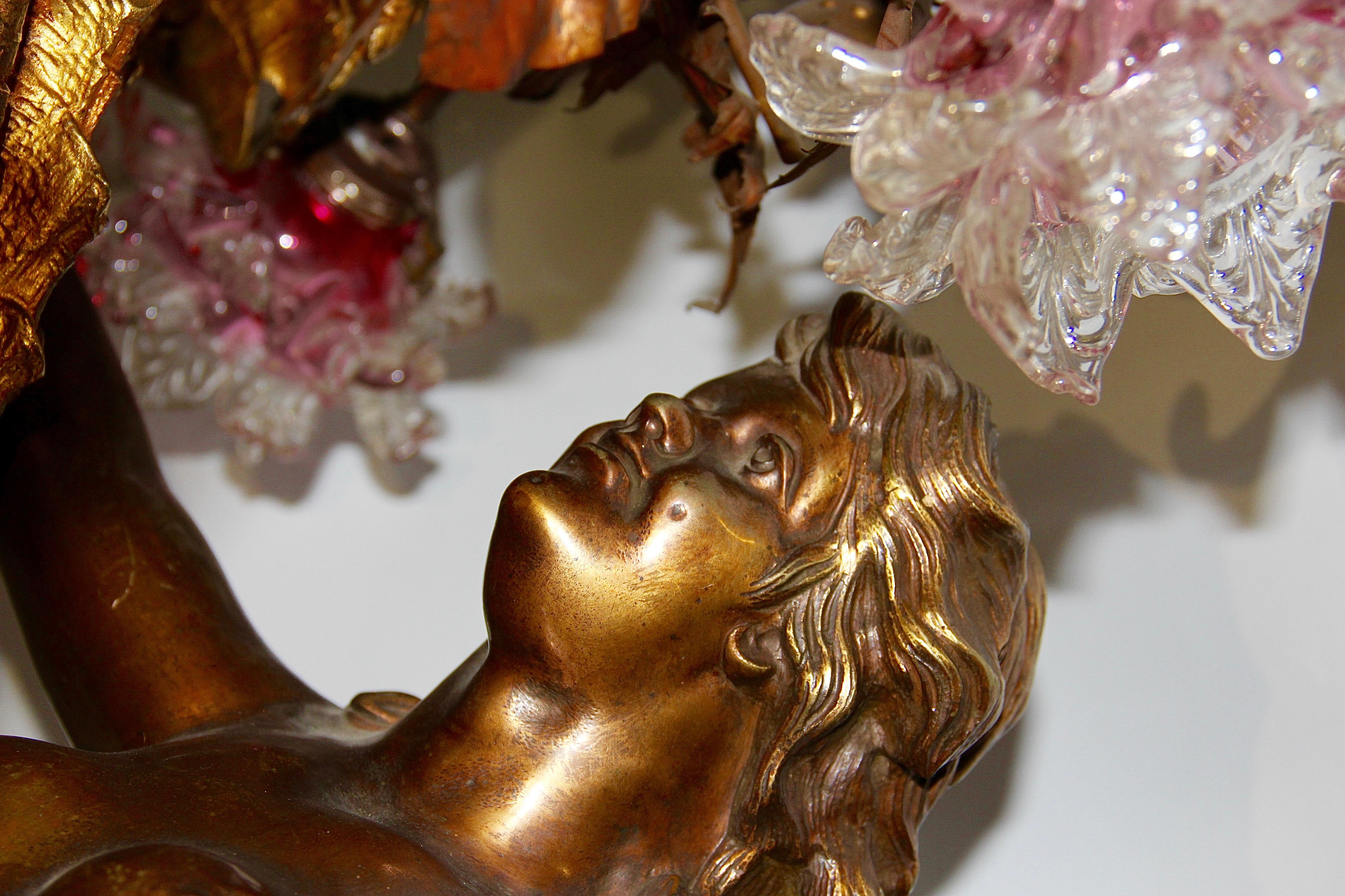Bronze Chandelier, with Large Nude and Fire-Gilded Shell, circa 1900 For Sale 11