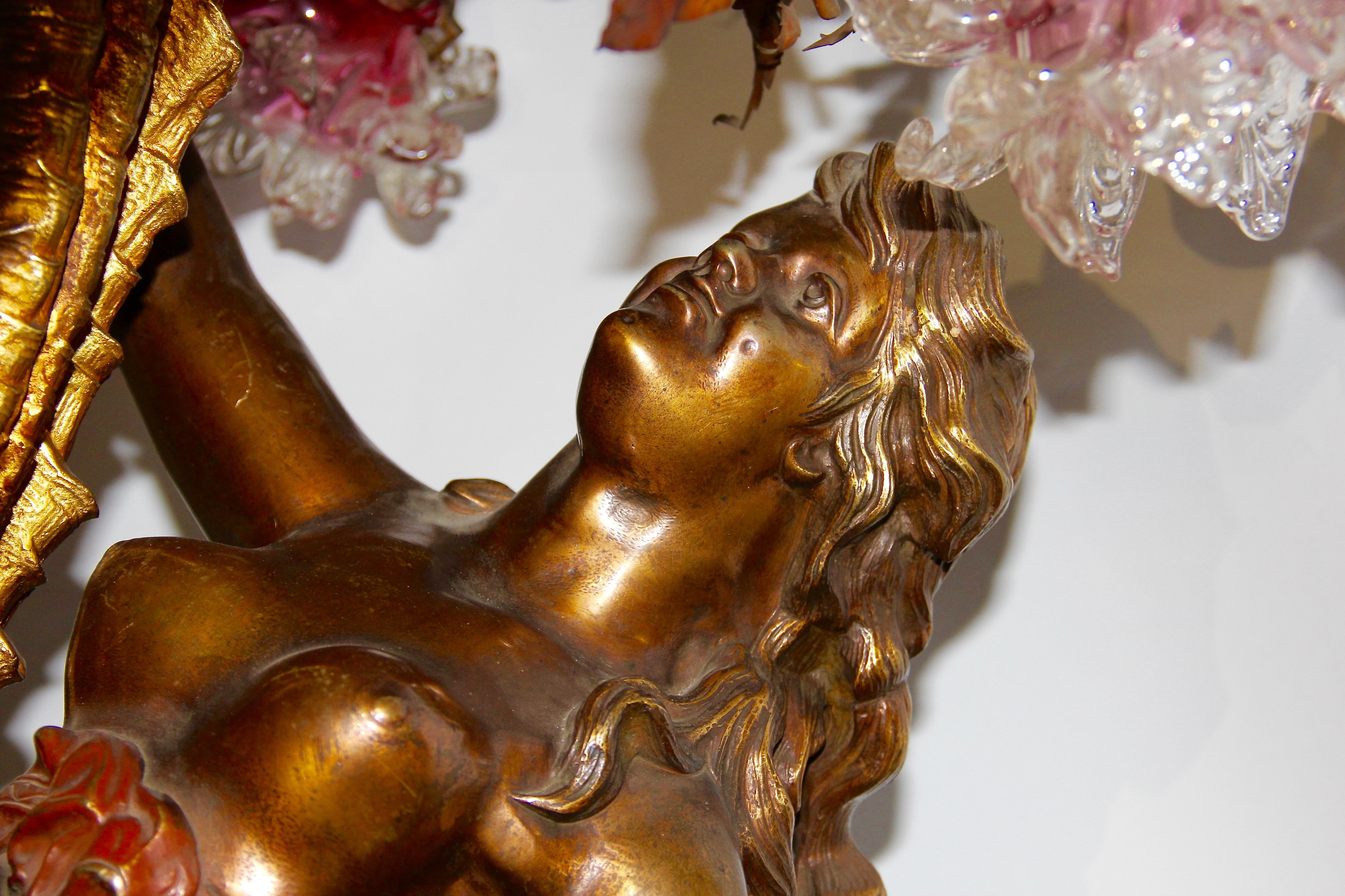 Bronze Chandelier, with Large Nude and Fire-Gilded Shell, circa 1900 For Sale 12