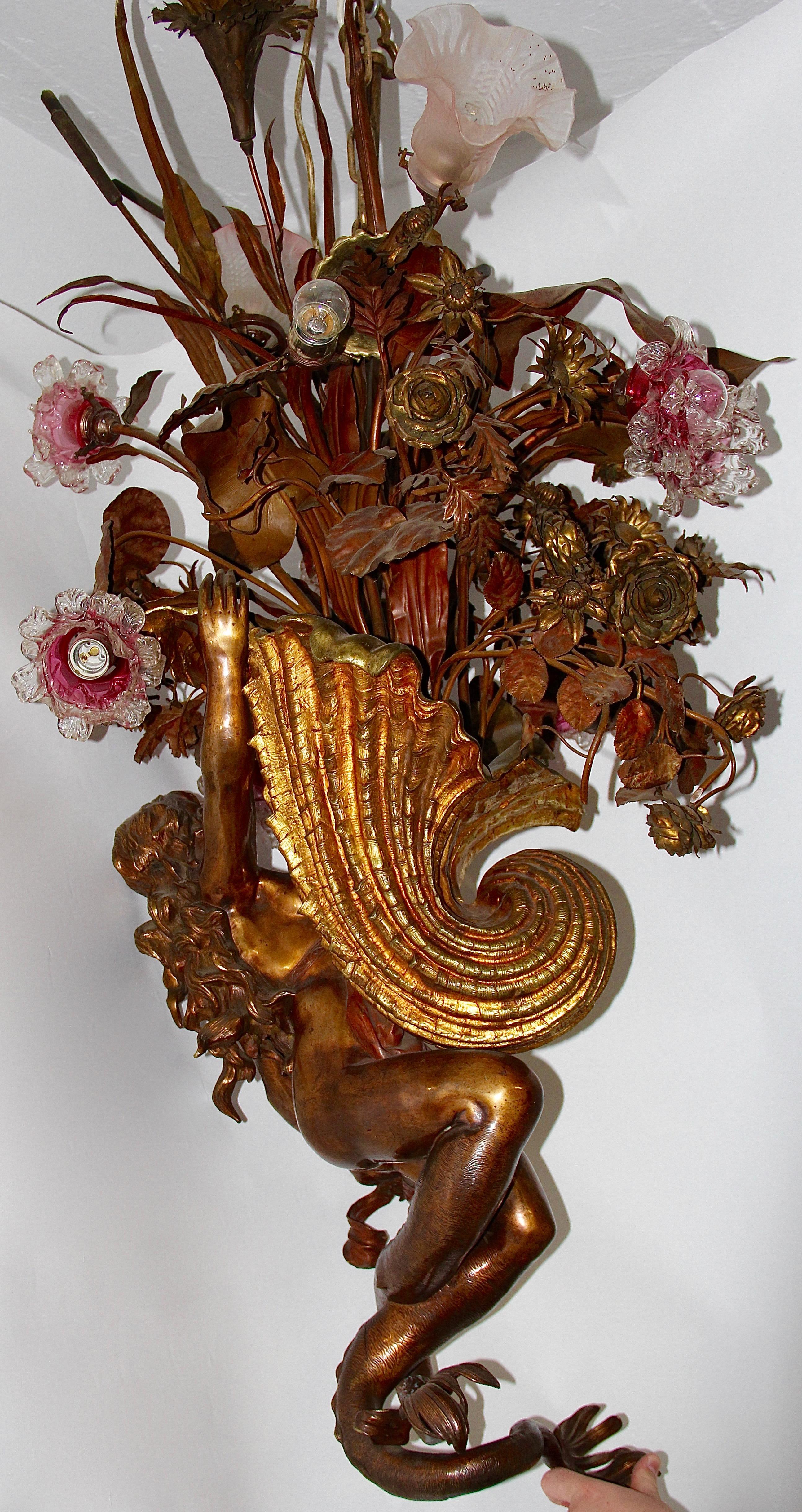 Bronze Chandelier, with Large Nude and Fire-Gilded Shell, circa 1900 For Sale 14