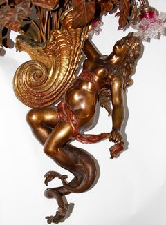 Bronze Chandelier, with Large Nude and Fire-Gilded Shell, circa 1900