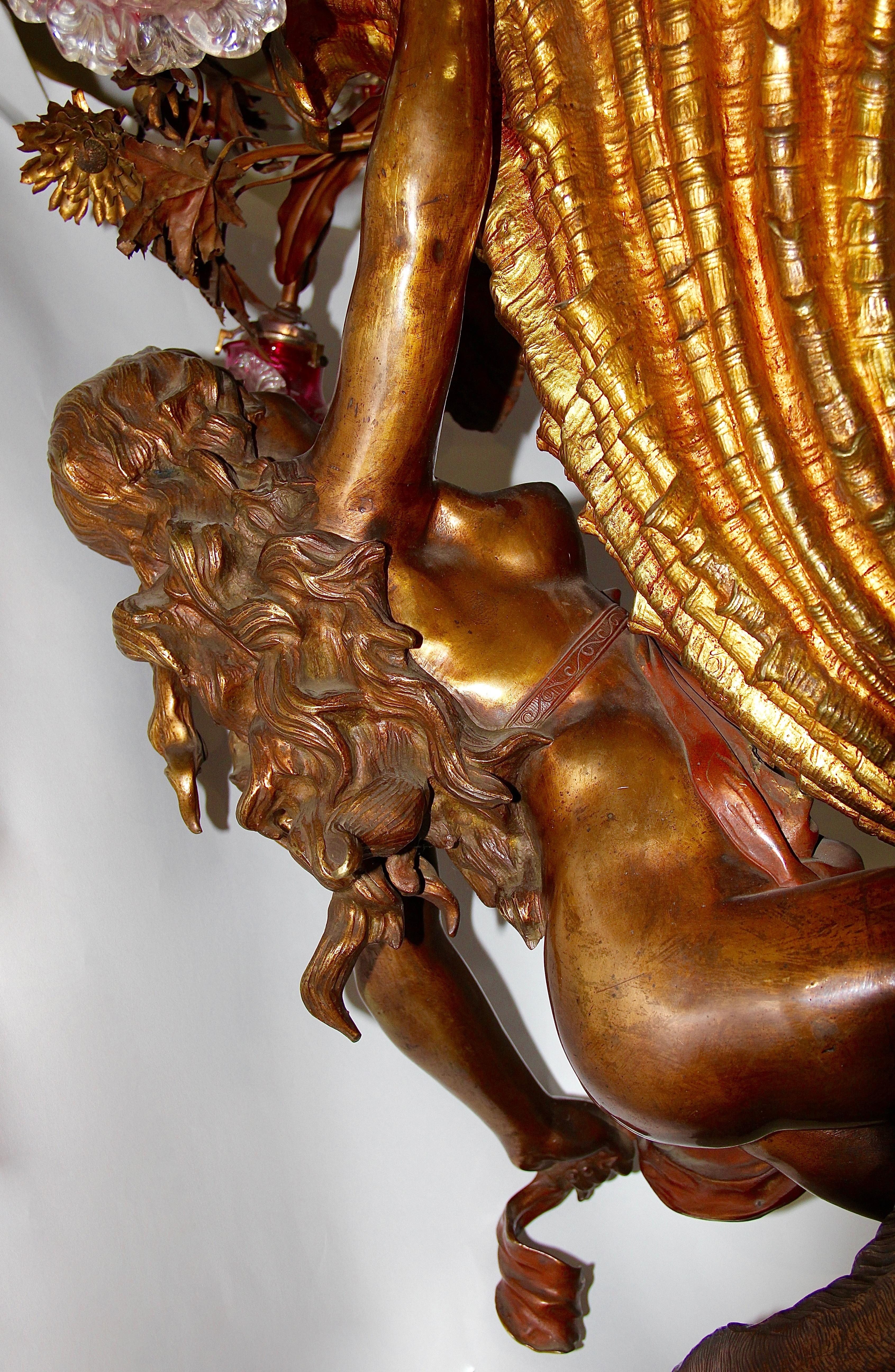 Bronze Chandelier, with Large Nude and Fire-Gilded Shell, circa 1900 For Sale 15