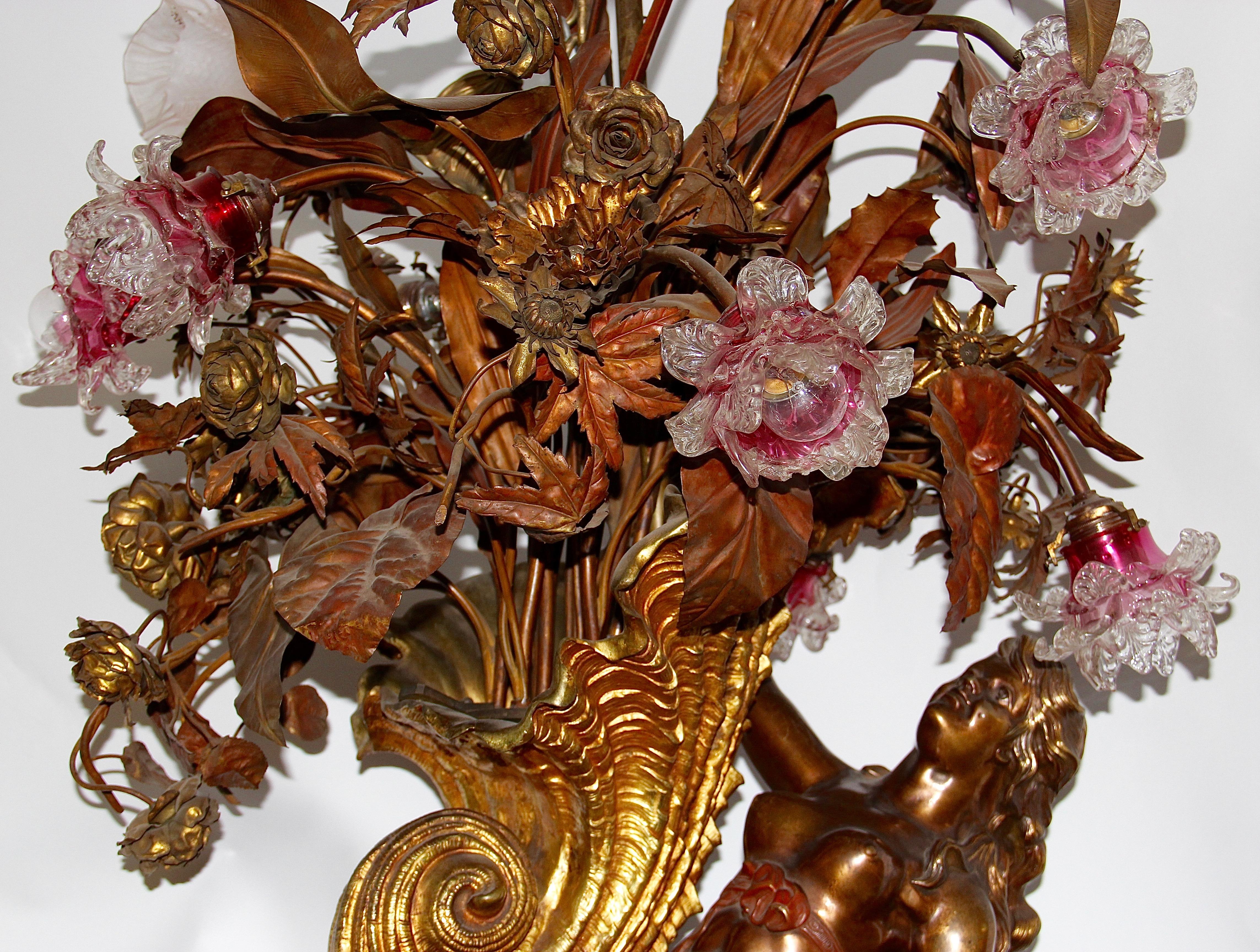 Gilt Bronze Chandelier, with Large Nude and Fire-Gilded Shell, circa 1900 For Sale