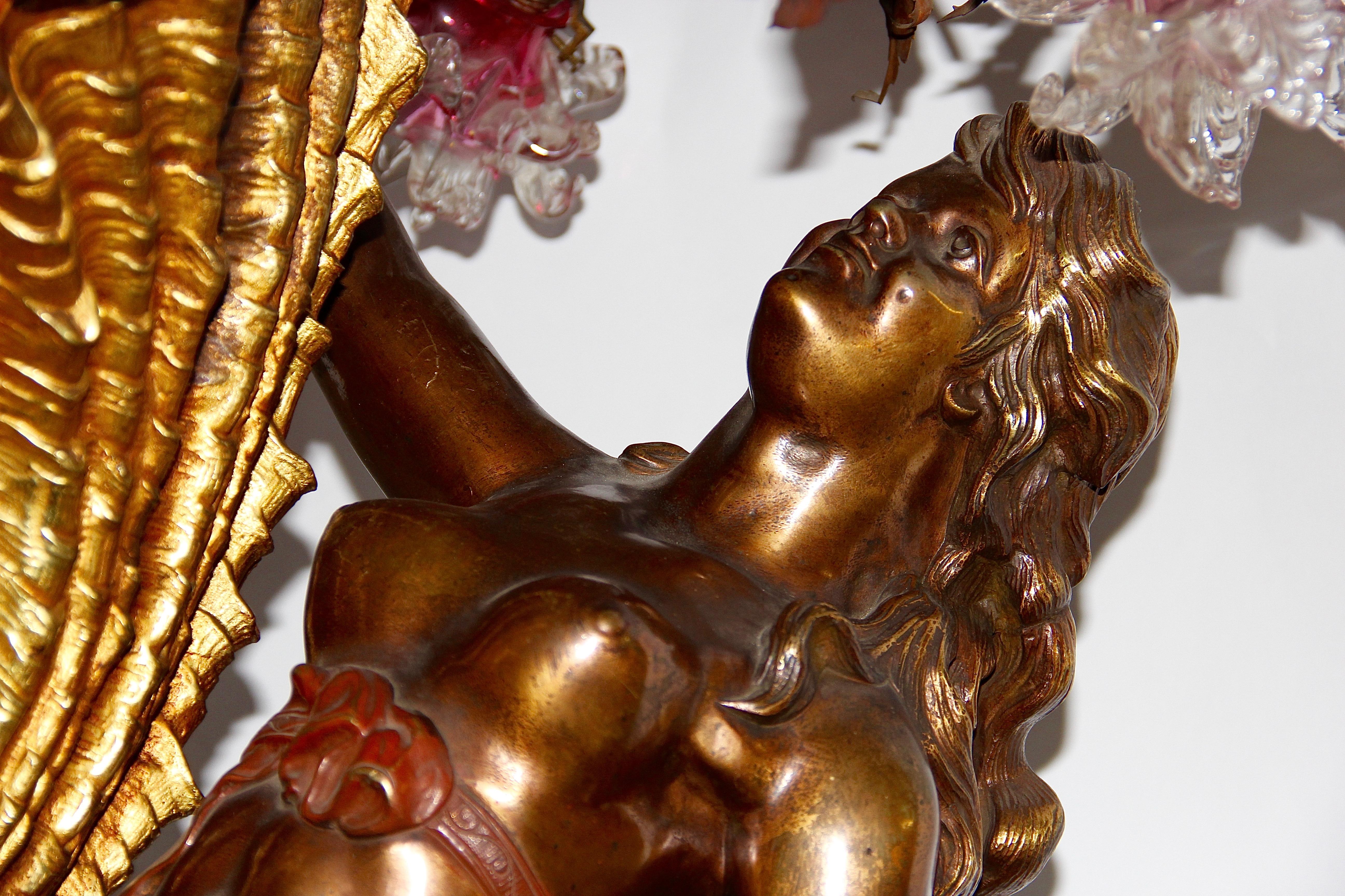 20th Century Bronze Chandelier, with Large Nude and Fire-Gilded Shell, circa 1900 For Sale