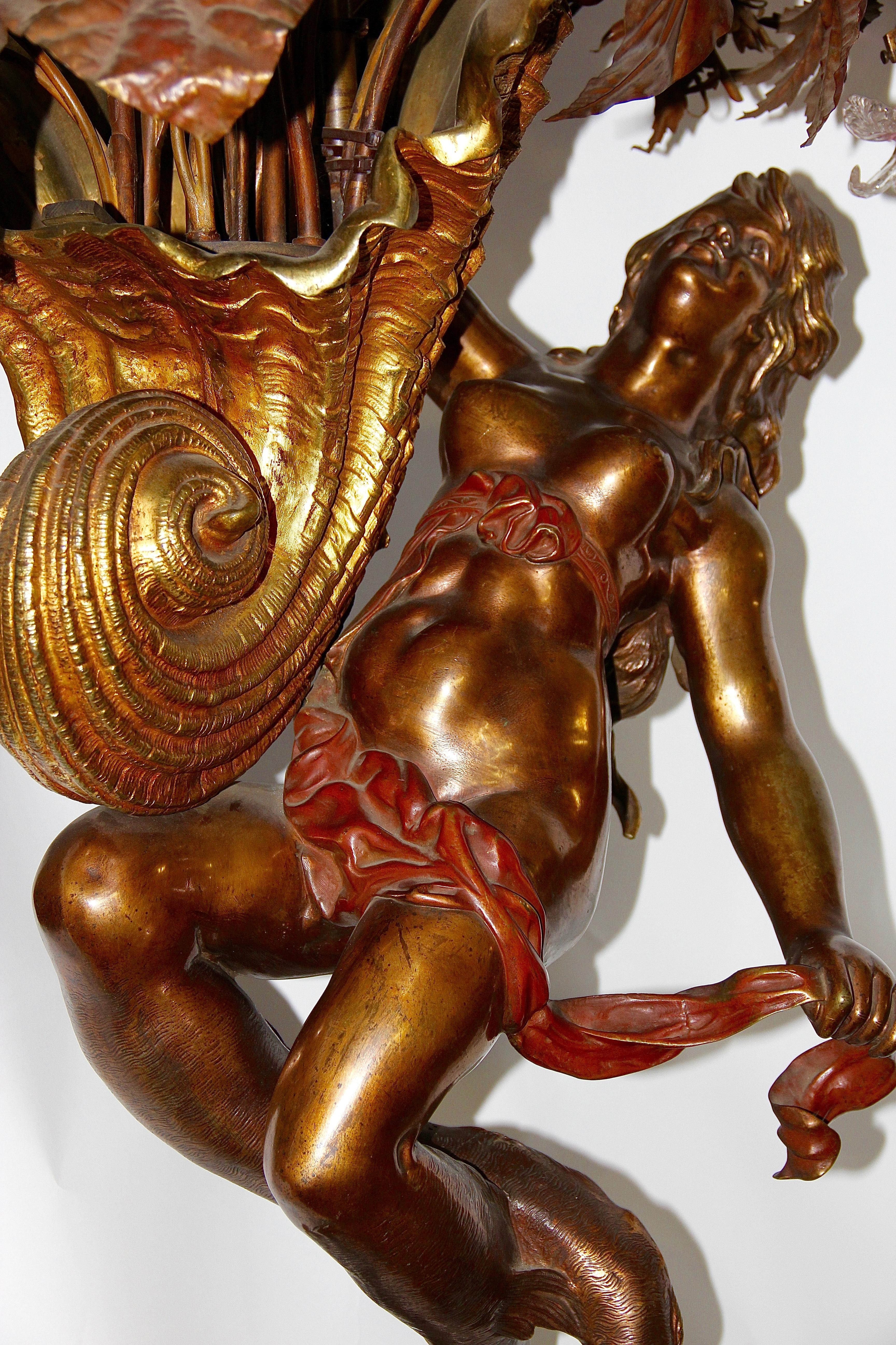 Bronze Chandelier, with Large Nude and Fire-Gilded Shell, circa 1900 For Sale 1