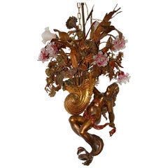Bronze Chandelier, with Large Nude and Fire-Gilded Shell, circa 1900