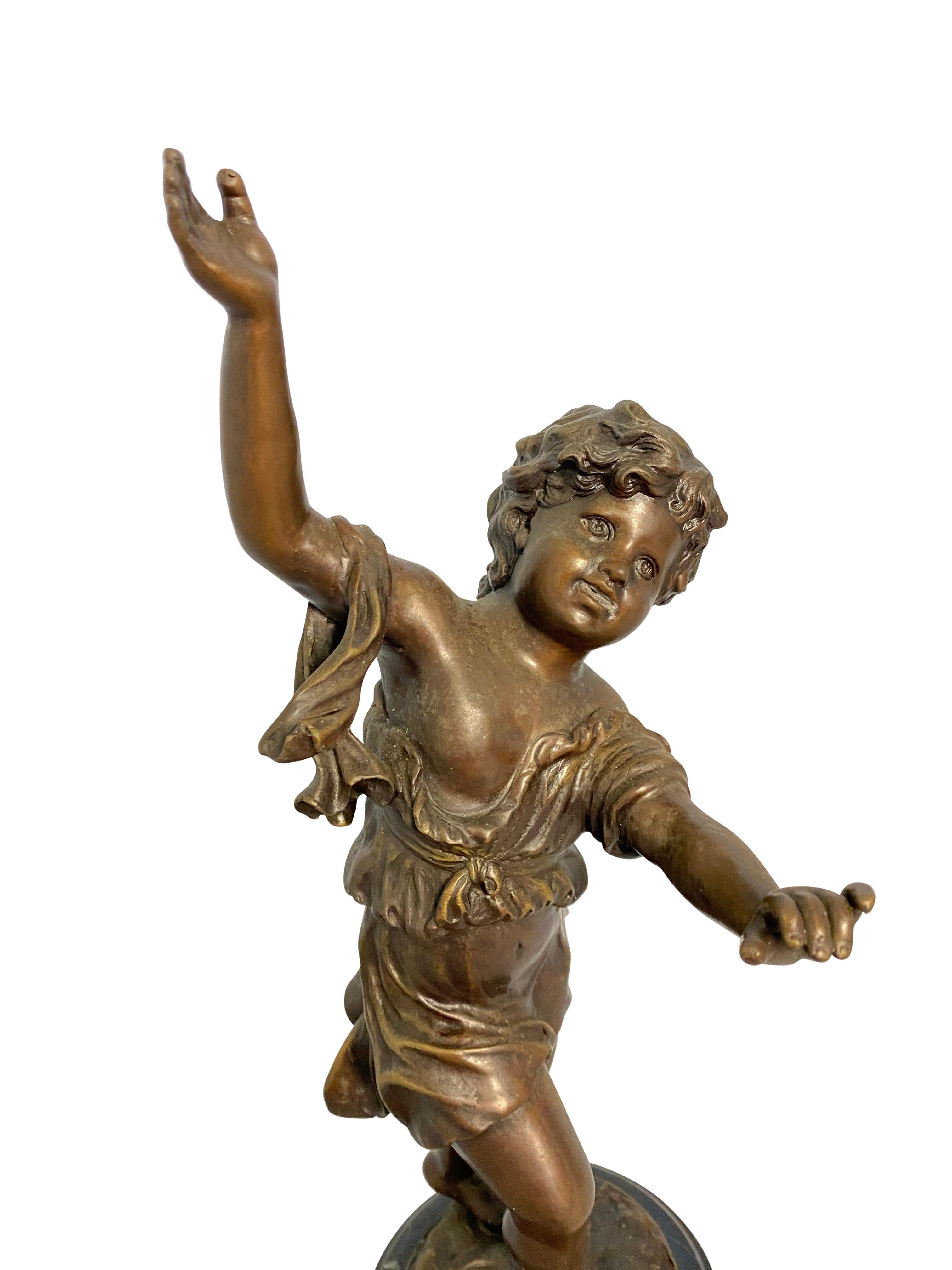 Neoclassical Bronze Cherub Child on Marble Base, 20th Century For Sale