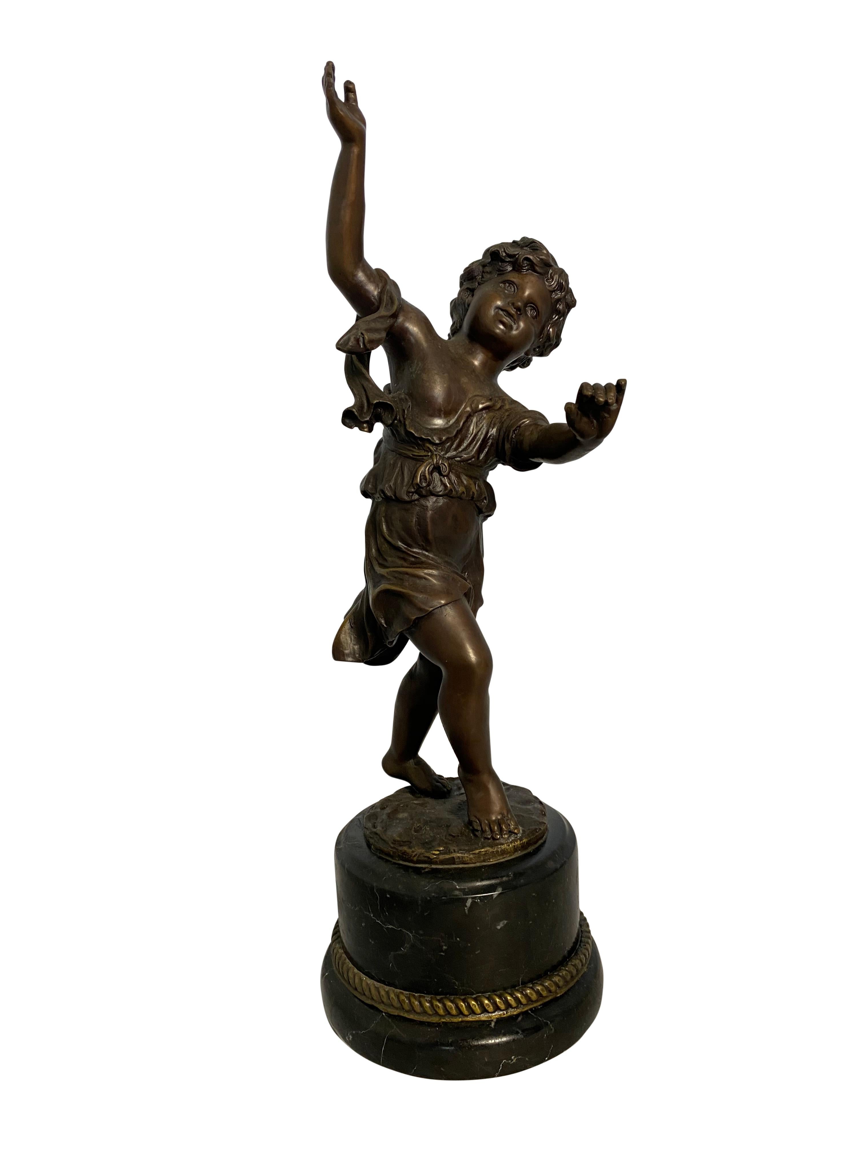 French Bronze Cherub Child on Marble Base, 20th Century For Sale