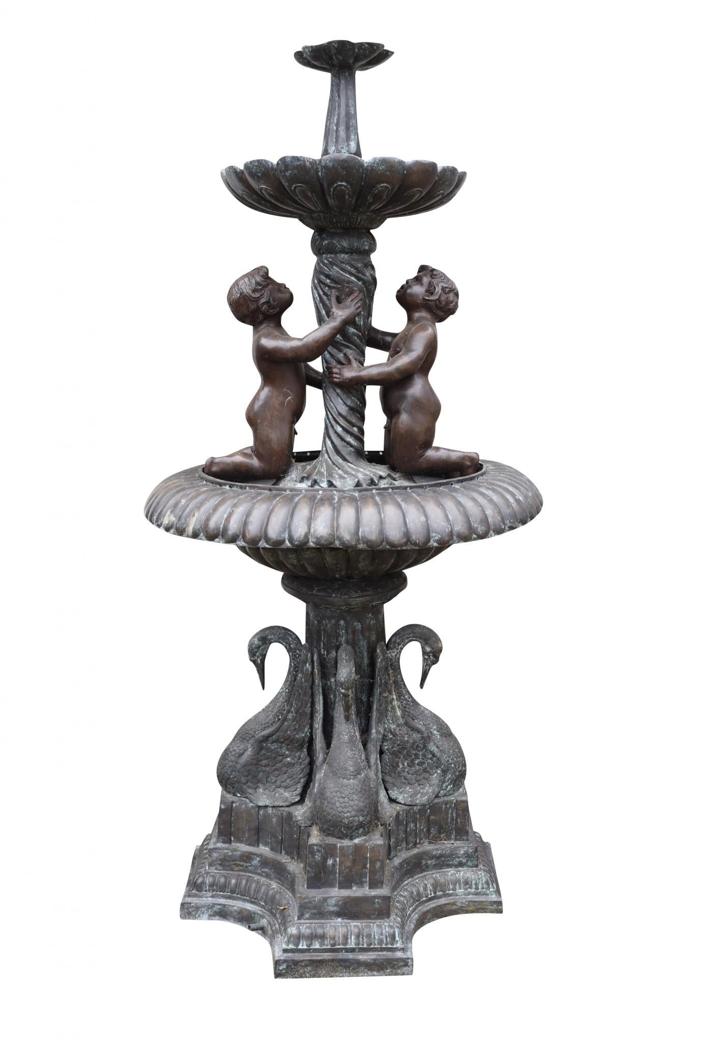 - Stunning French bronze classical fountain with swan and cherub supports
- Lovely finish with Verdis Gris finish with a grey / green patina
- Three tiers so you can only imagine how this would look with water cascading down
- Stands at 7 feet