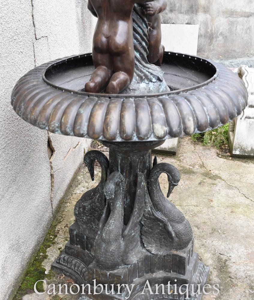 Late 20th Century Bronze Cherub Fountain, Classical French Verdis Gris Swan Tiered Base For Sale