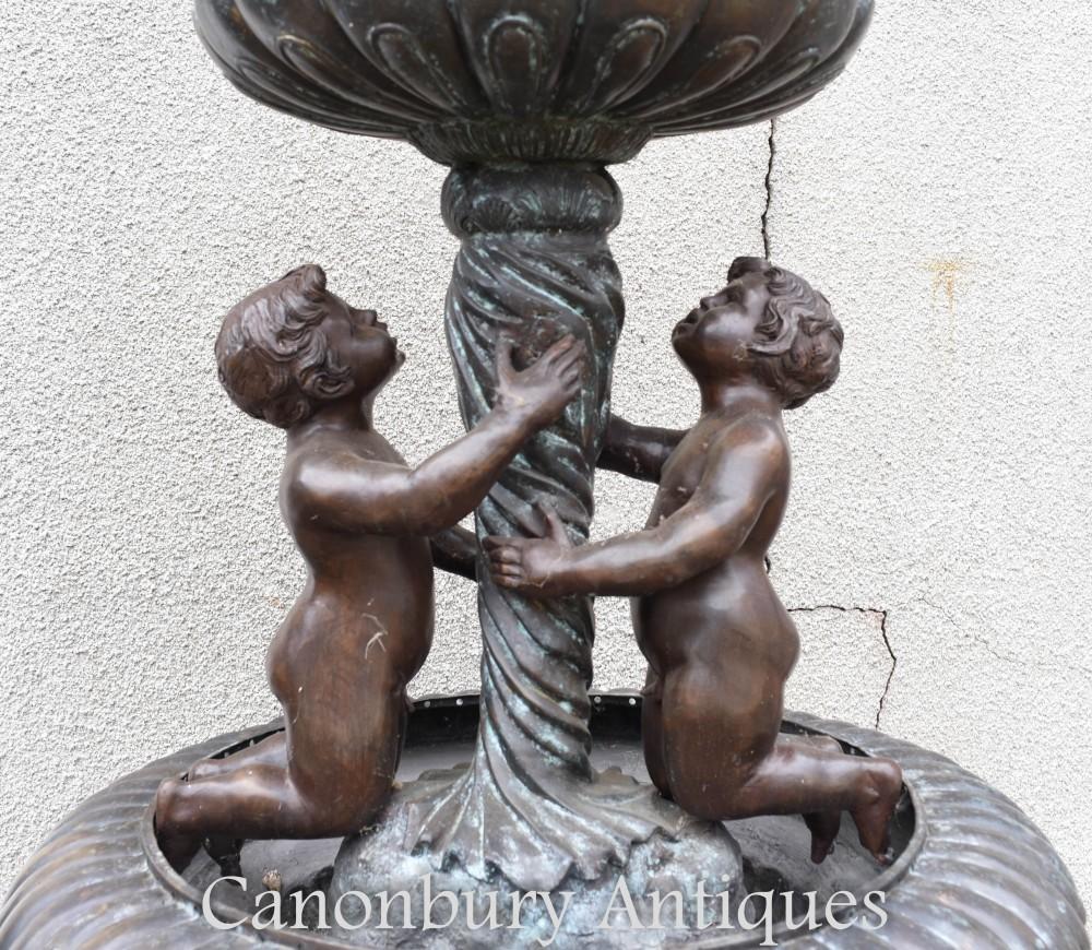 Bronze Cherub Fountain, Classical French Verdis Gris Swan Tiered Base For Sale 4