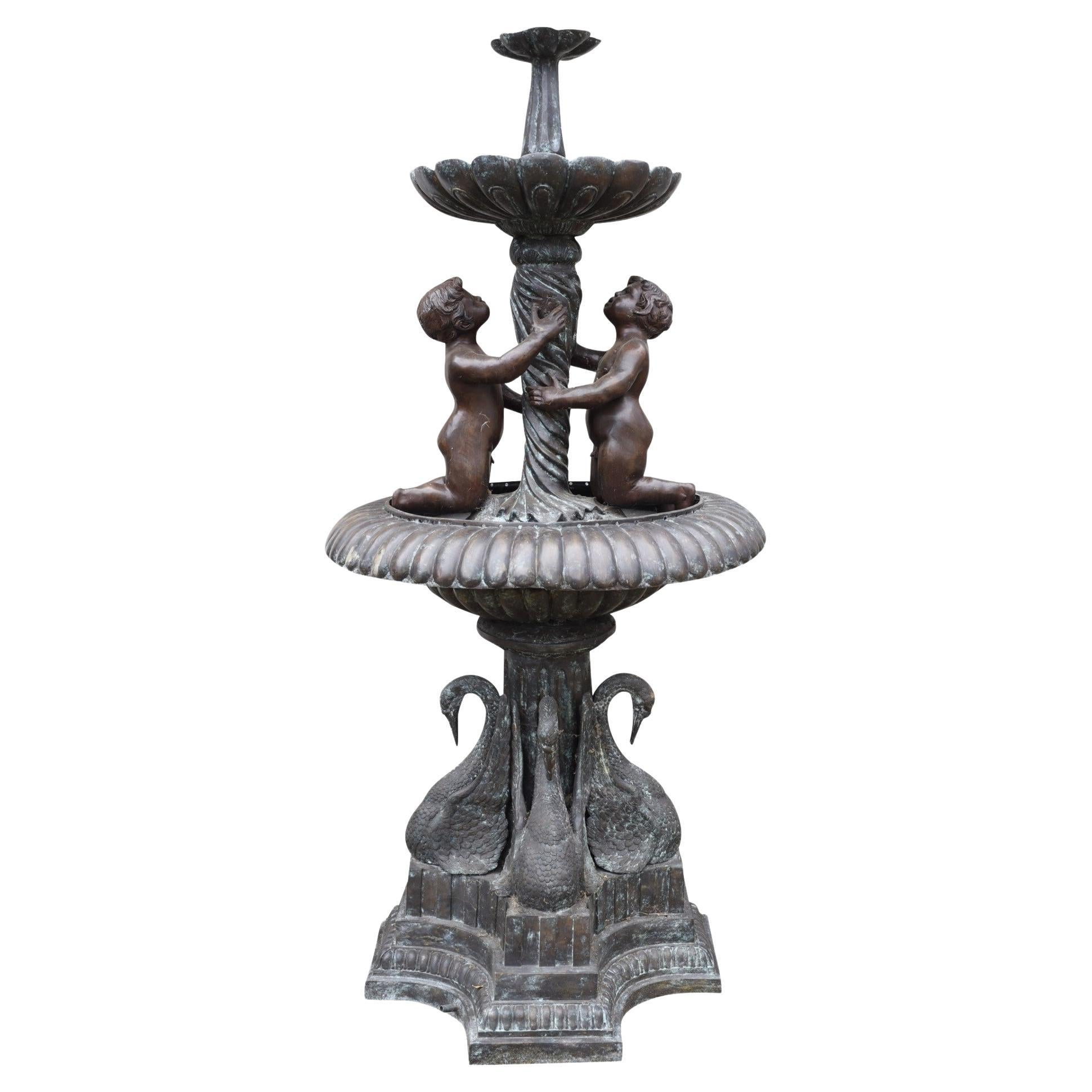 Bronze Cherub Fountain, Classical French Verdis Gris Swan Tiered Base For Sale