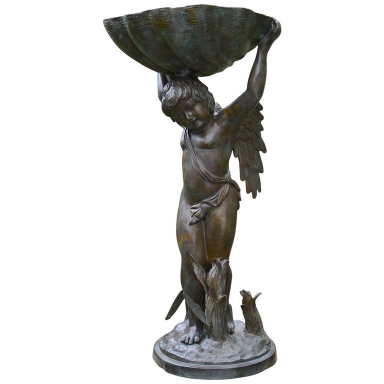 Bronze Cherub Fountain Holding a Shell For Sale at 1stdibs