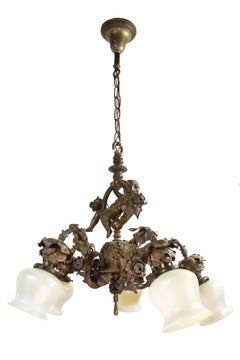 Bronze Cherub Light with Art Glass Shades