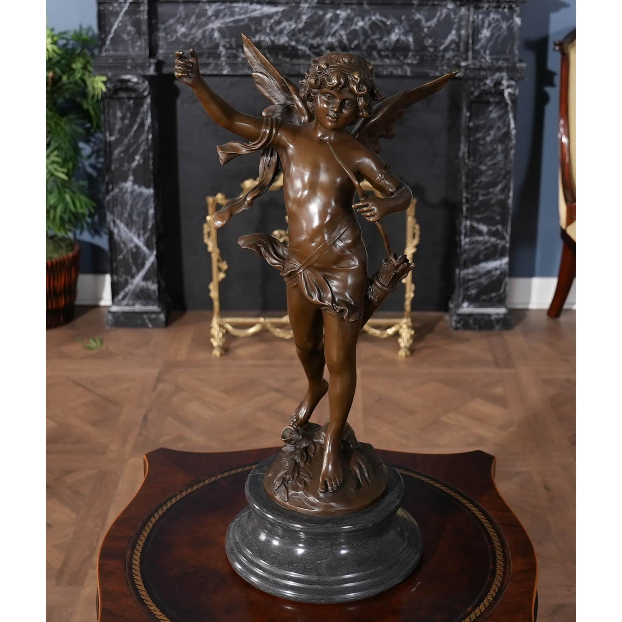 Hand-Crafted Bronze Cherub on Marble Base For Sale