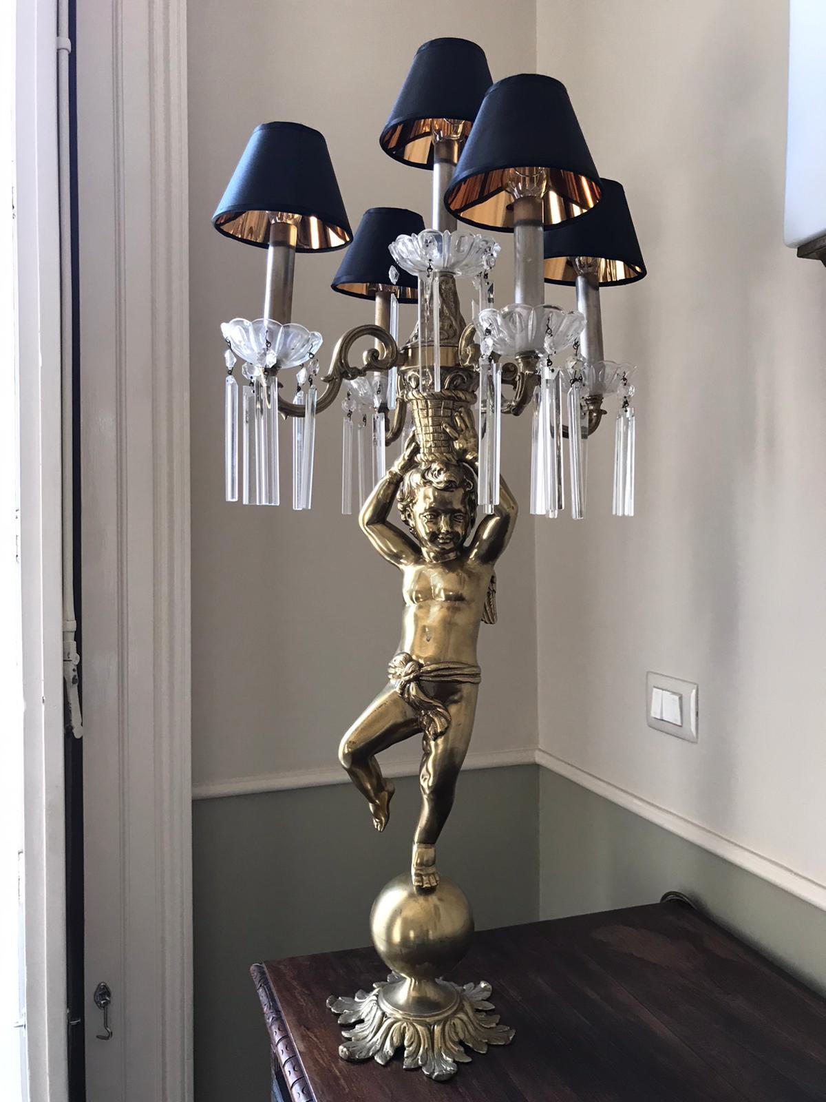 Hollywood Regency Bronze Cherub Statue with Chandelier, Italy 1940s For Sale