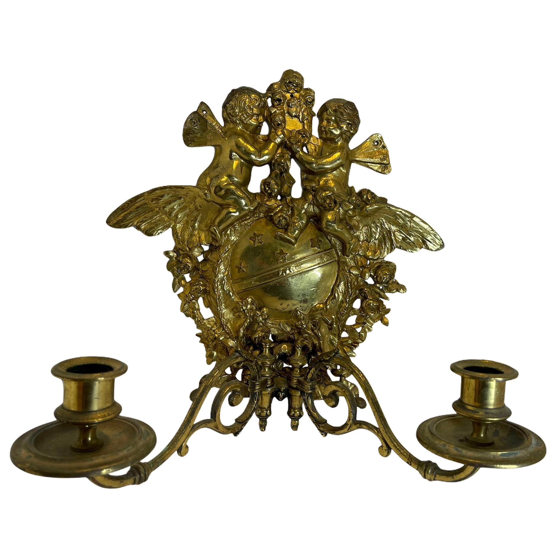 Bronze Cherub Wall Sconce or Wall Candleholder For Sale