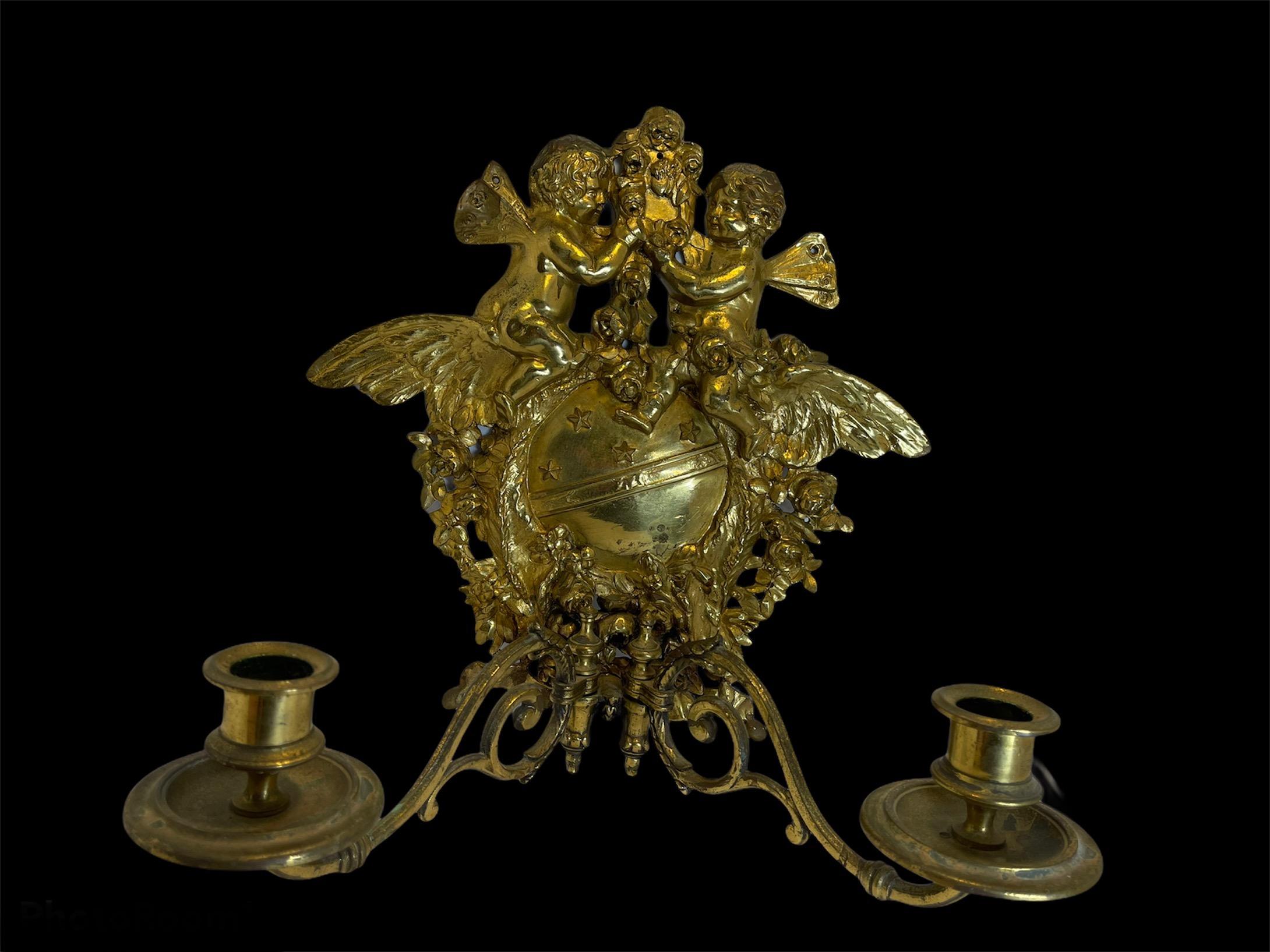 Victorian Bronze Cherub Wall Sconce or Wall Candleholder For Sale