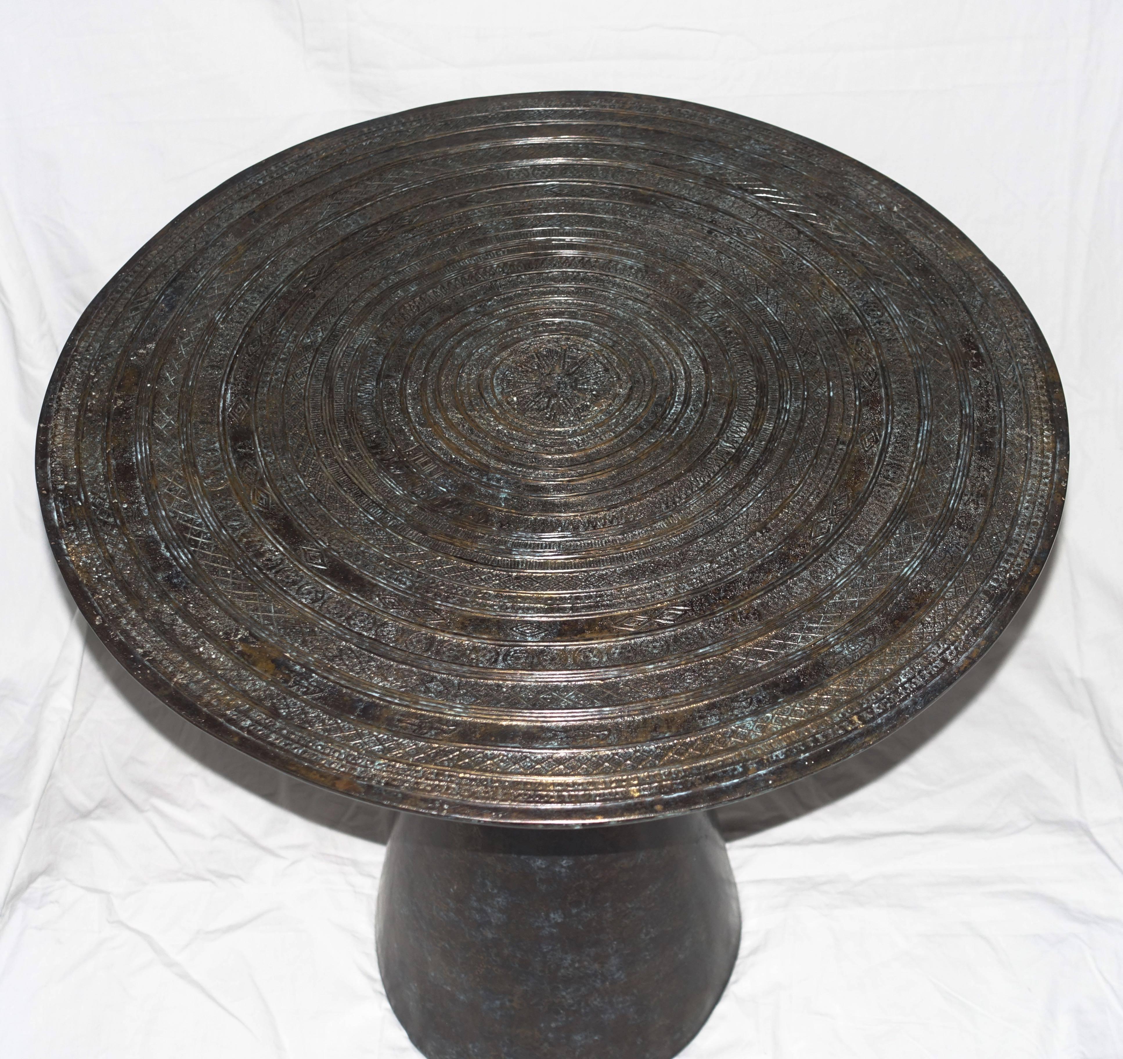 Cambodian Bronze Chieftain Drum Design Top Side Table, Cambodia, Contemporary