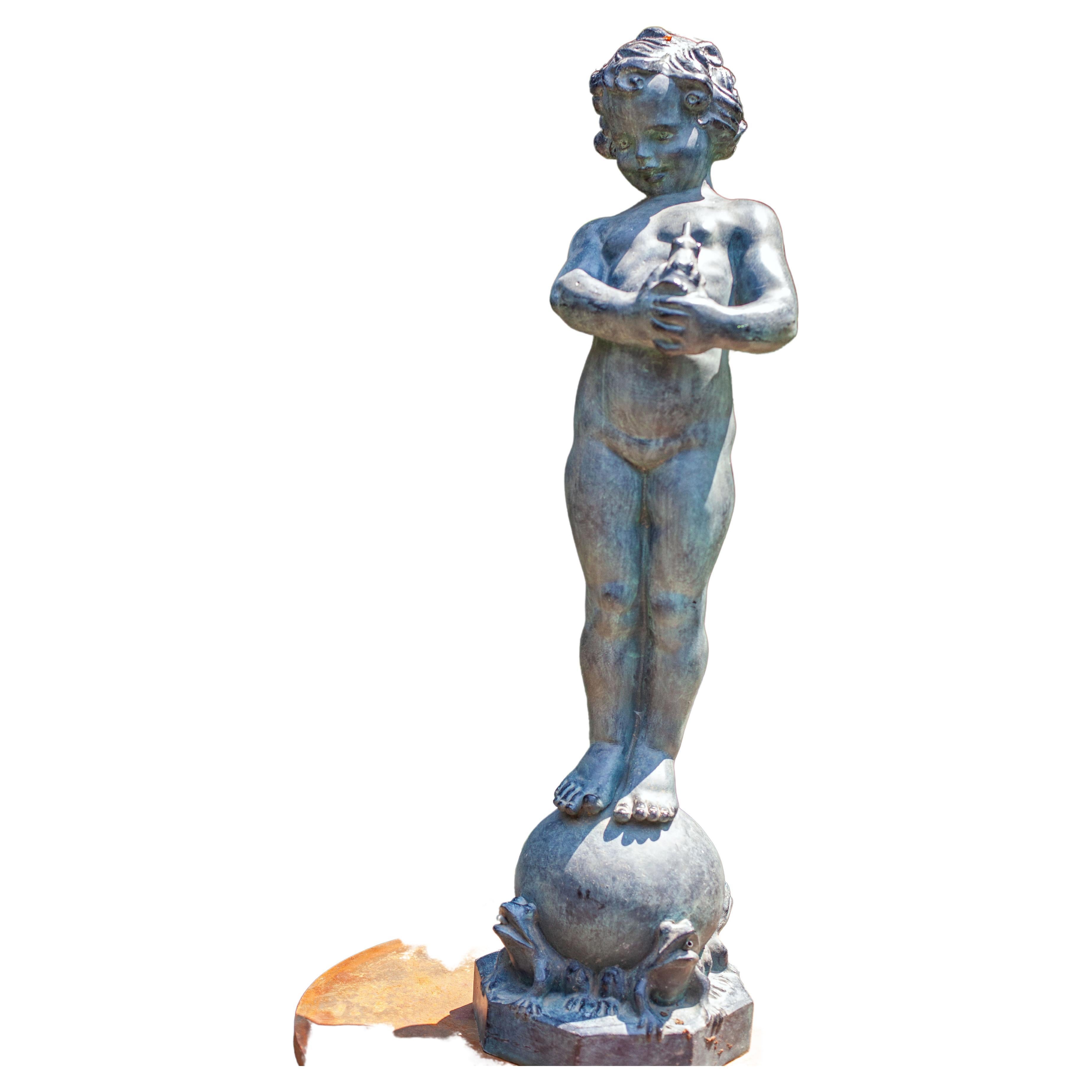 Bronze Child with Frogs Garden Fountain Head - in the style of Edith Parsons For Sale