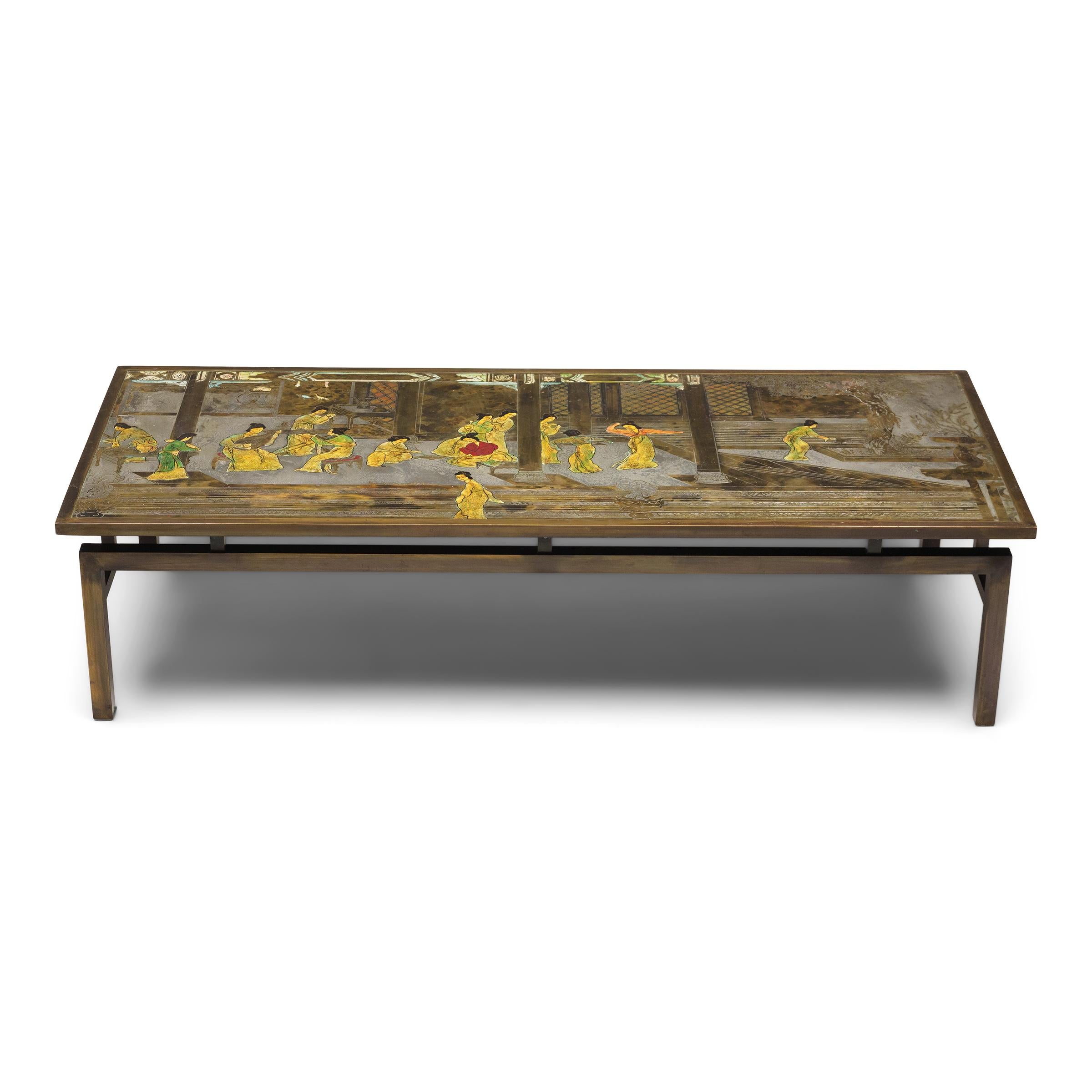 Cette spectaculaire table basse en bronze et étain est la Chin Ying Table du duo de designers père et fils Philip (1907-1987) et Kelvin (1937-) LaVerne. Réputés pour leur utilisation innovante des techniques de travail du métal, les LaVerne ont